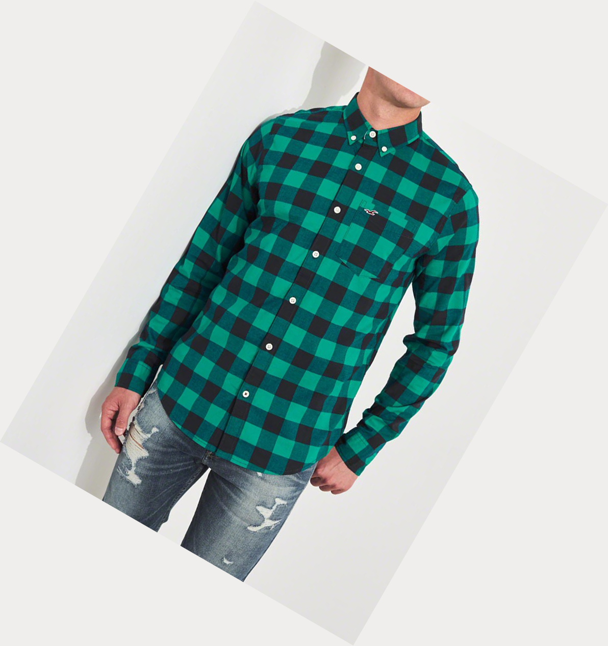 Turquoise Hollister Stretch Plaid Poplin Men's Long Sleeve | ZA-OLBX079