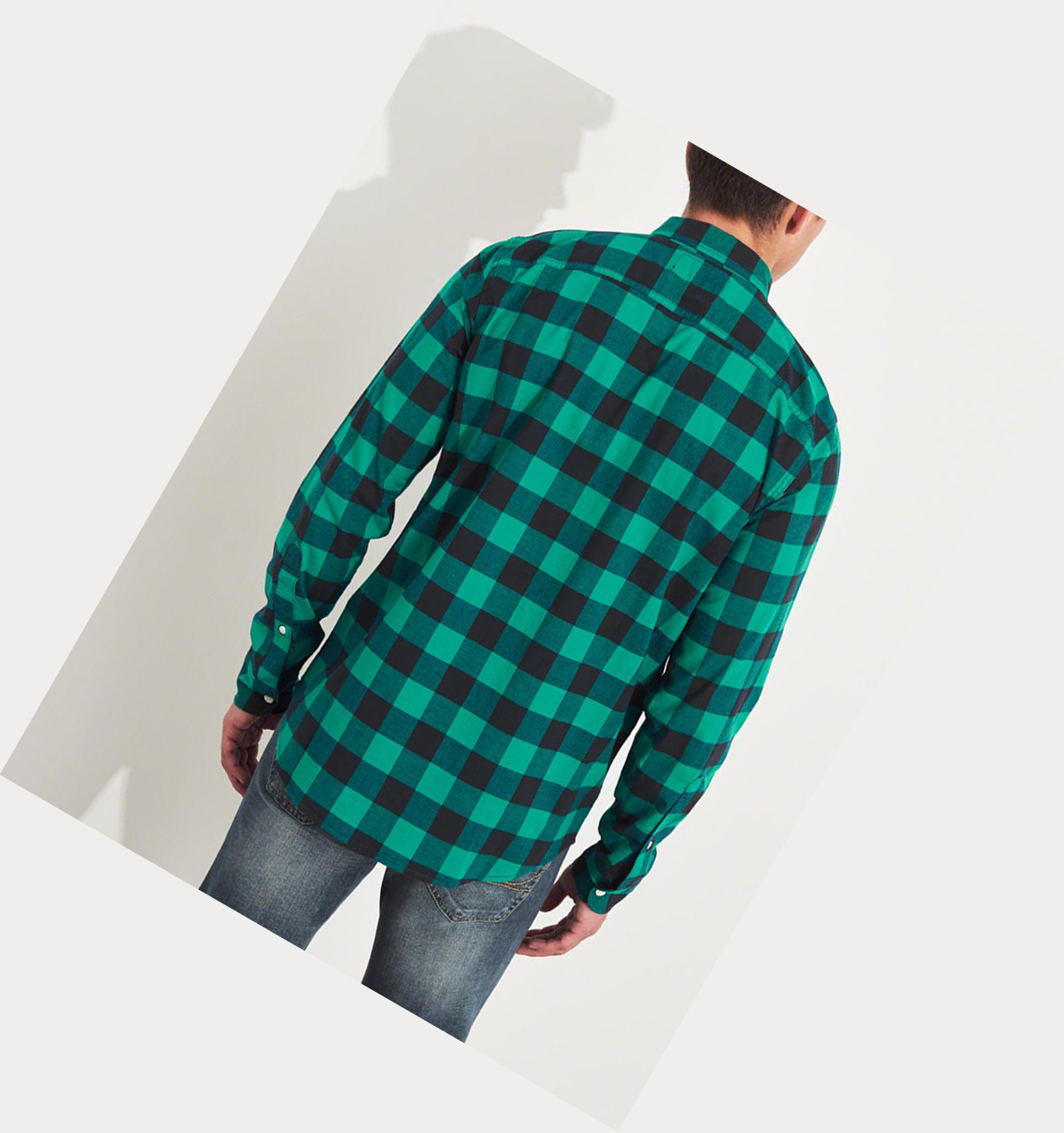 Turquoise Hollister Stretch Plaid Poplin Men's Long Sleeve | ZA-OLBX079