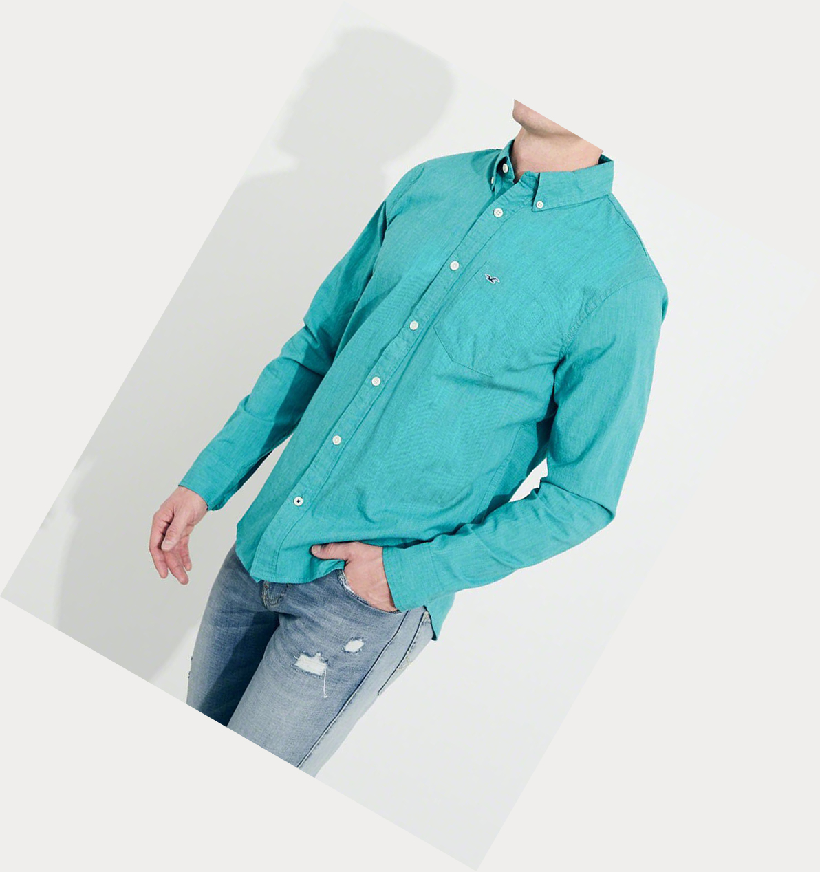 Turquoise Hollister Stretch Poplin Men's Long Sleeve | ZA-LYEX681