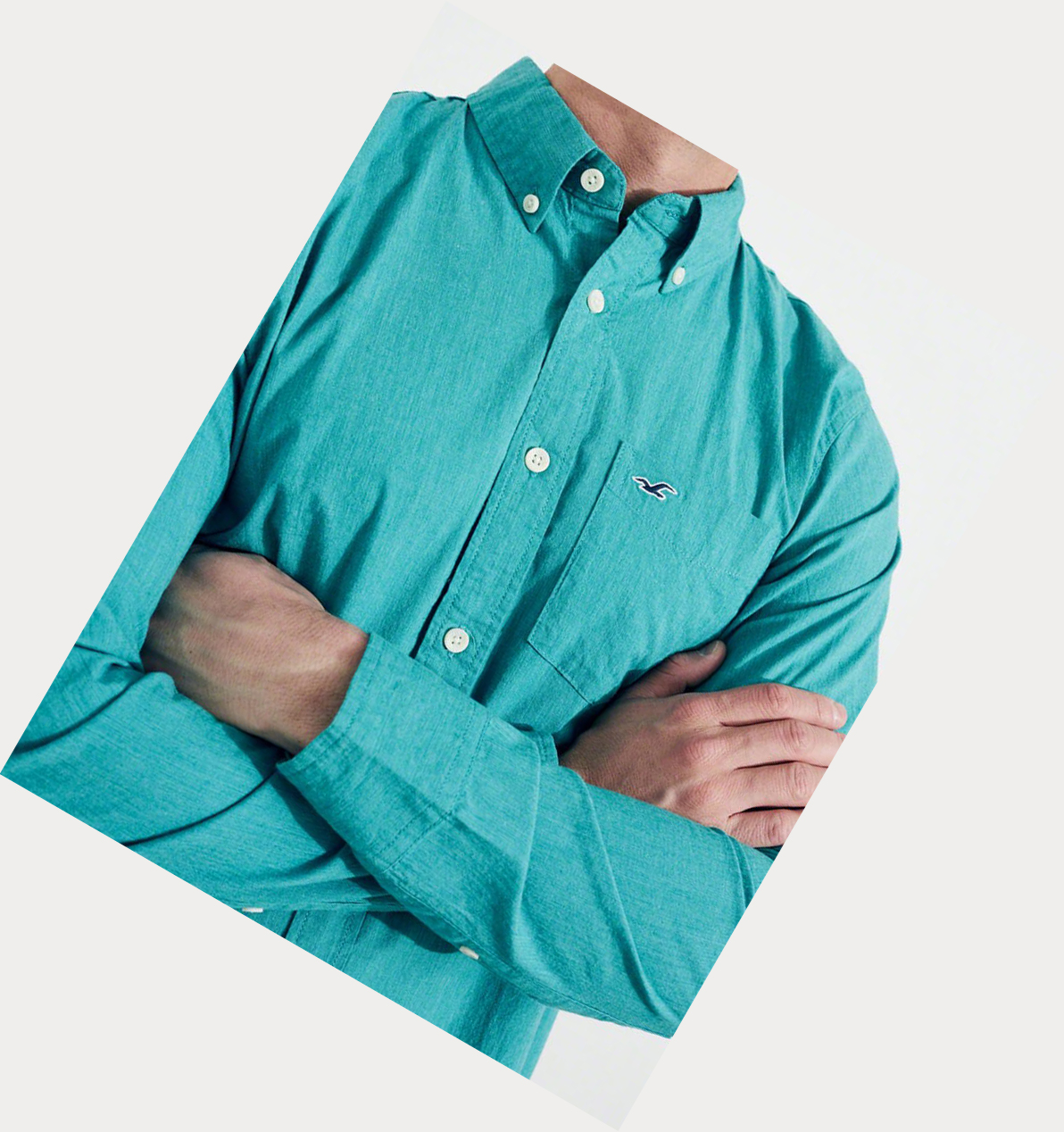 Turquoise Hollister Stretch Poplin Men's Long Sleeve | ZA-LYEX681