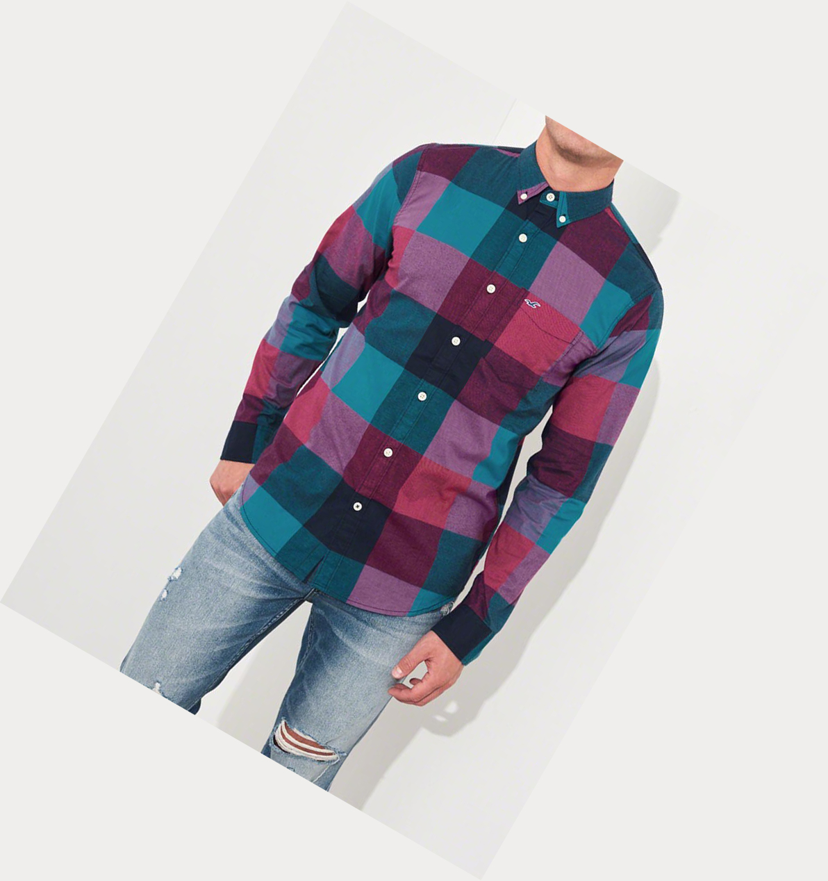 Turquoise Pink Hollister Stretch Plaid Poplin Men's Long Sleeve | ZA-ZHQF047