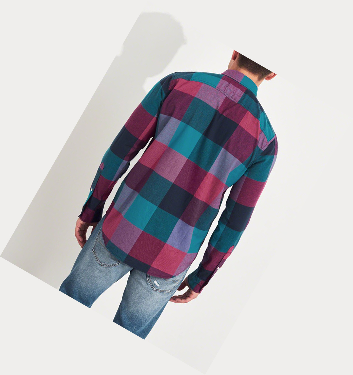 Turquoise Pink Hollister Stretch Plaid Poplin Men's Long Sleeve | ZA-ZHQF047