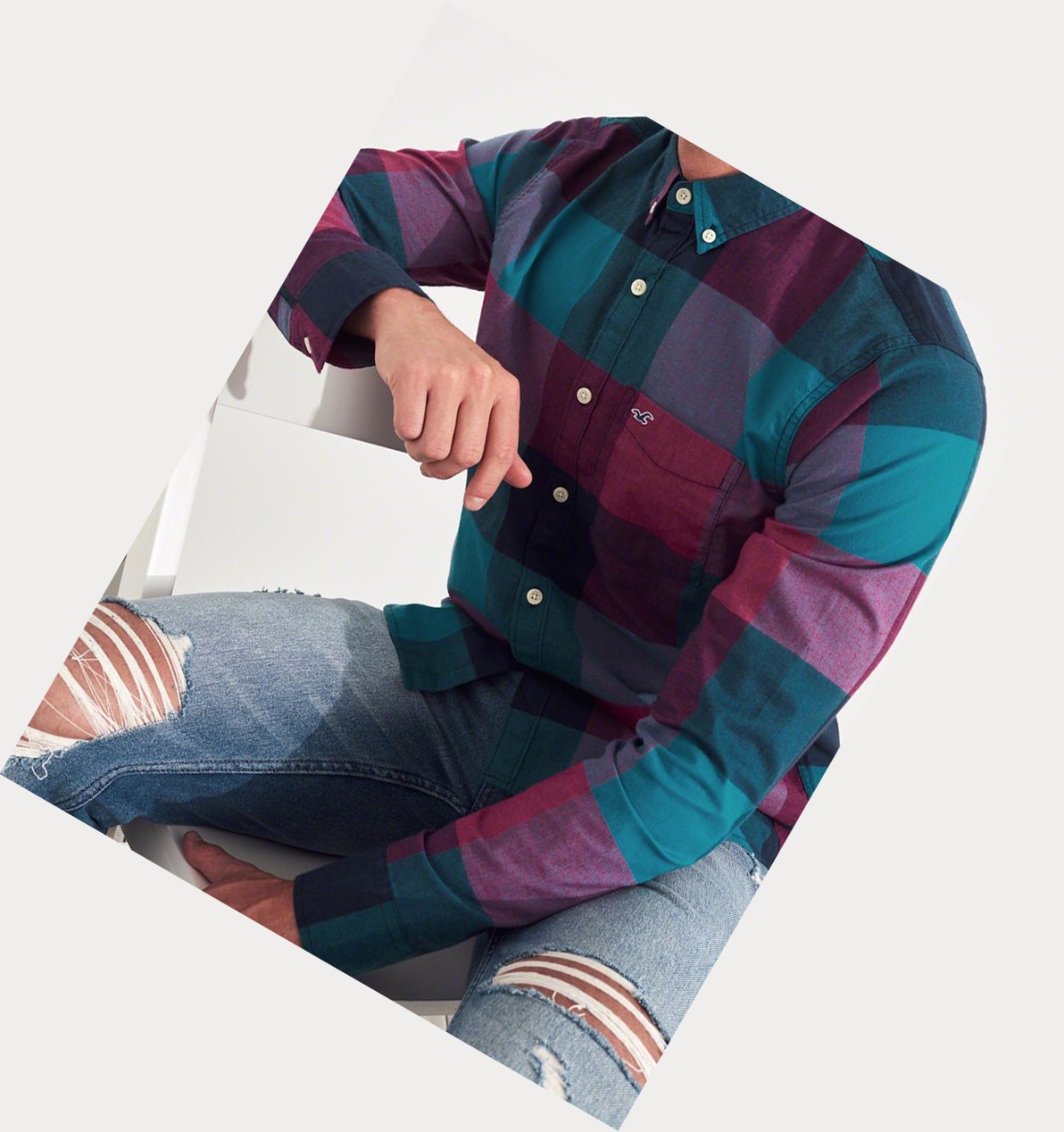 Turquoise Pink Hollister Stretch Plaid Poplin Men's Long Sleeve | ZA-ZHQF047