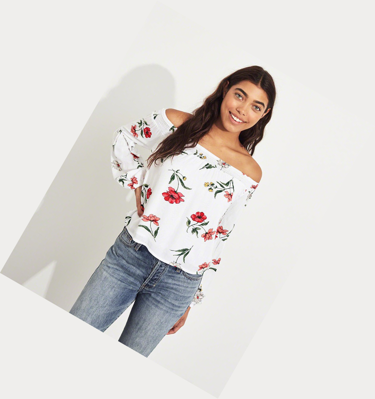 White Hollister Balloon-Sleeve Off-The-Shoulder Women's Long Sleeve | ZA-UFAS072