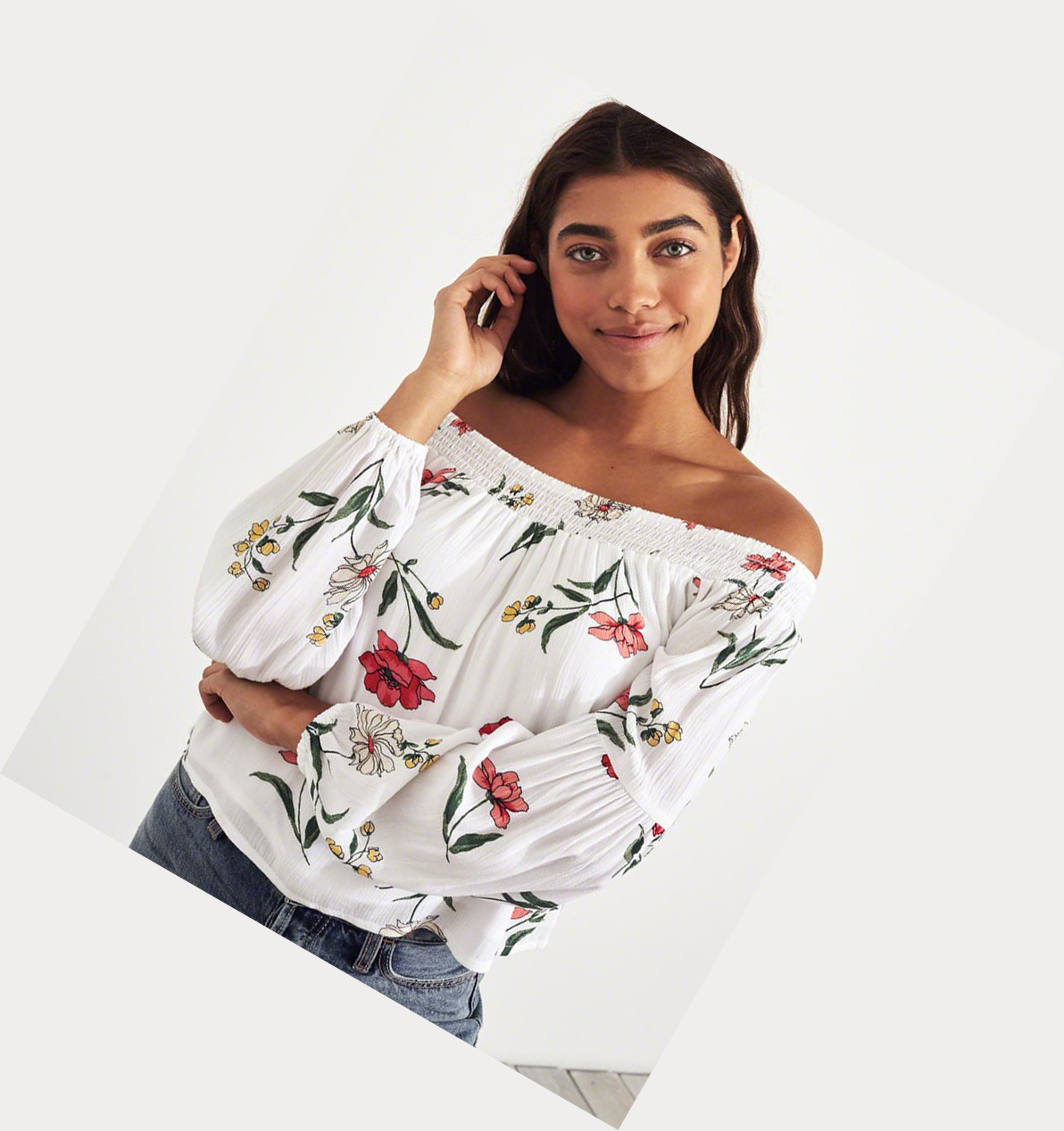 White Hollister Balloon-Sleeve Off-The-Shoulder Women's Long Sleeve | ZA-UFAS072