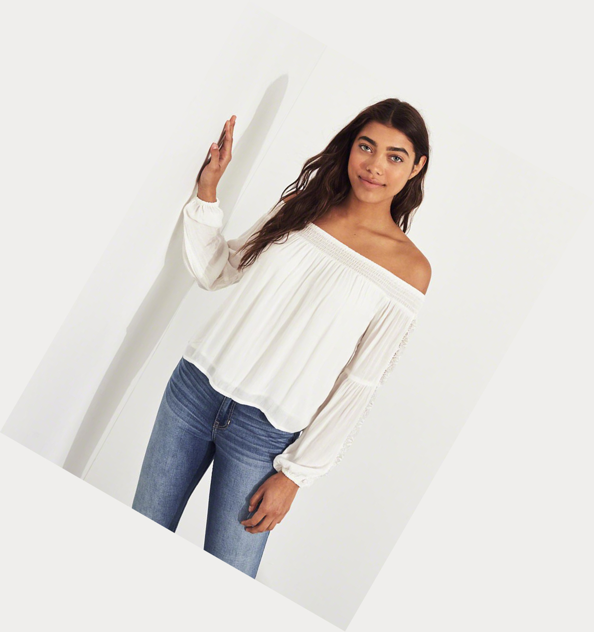 White Hollister Balloon-Sleeve Off-The-Shoulder Women's Long Sleeve | ZA-ZGEQ359