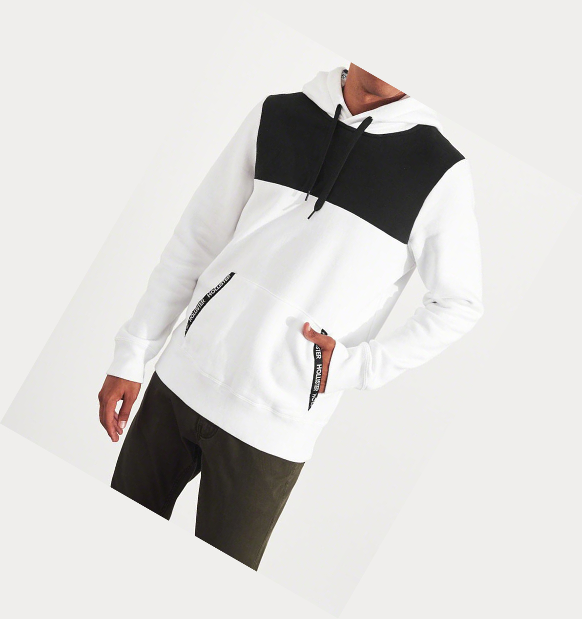 White Hollister Colorblock Logo Tape Men's Hoodie | ZA-AYQS180