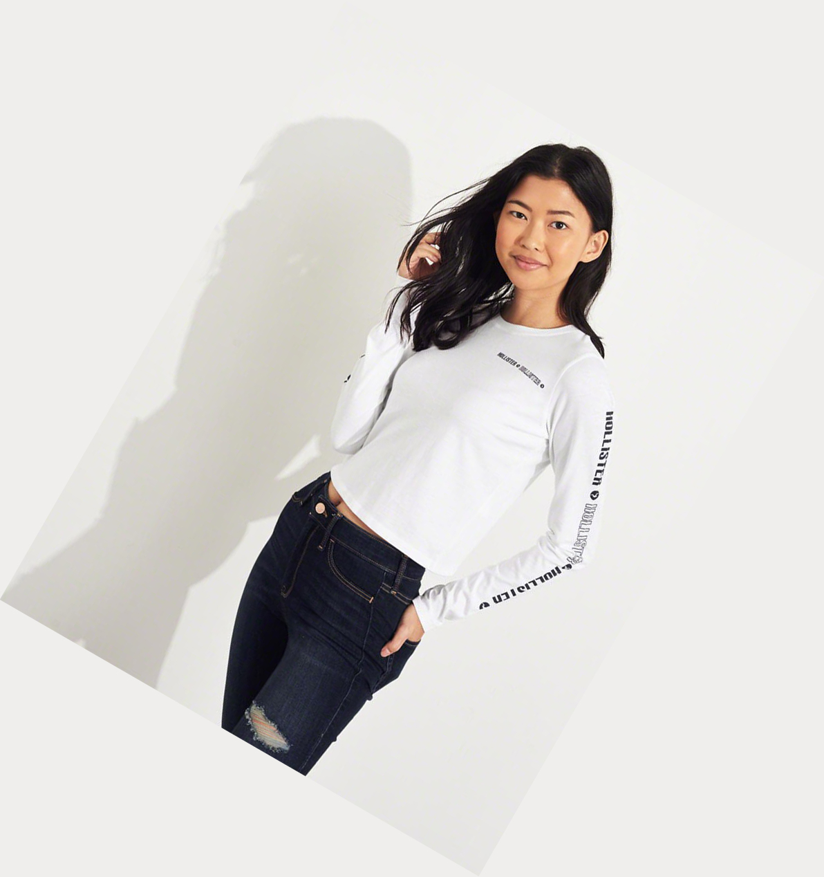 White Hollister Crop Women's Long Sleeve | ZA-VJPG806