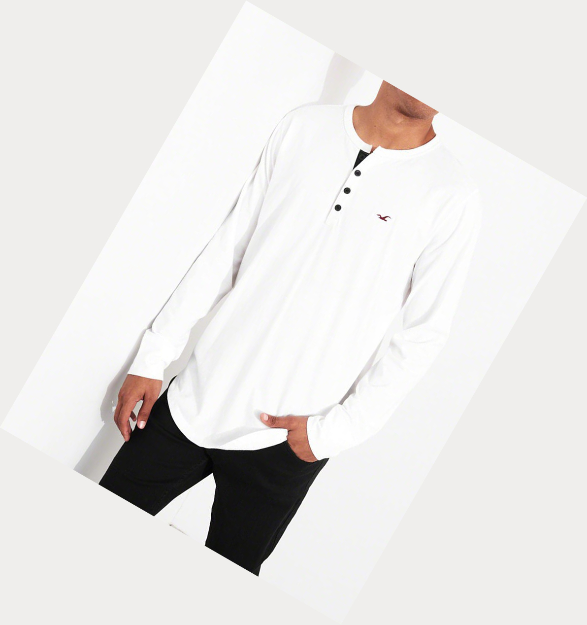 White Hollister Henley Men's Long Sleeve | ZA-CENQ921