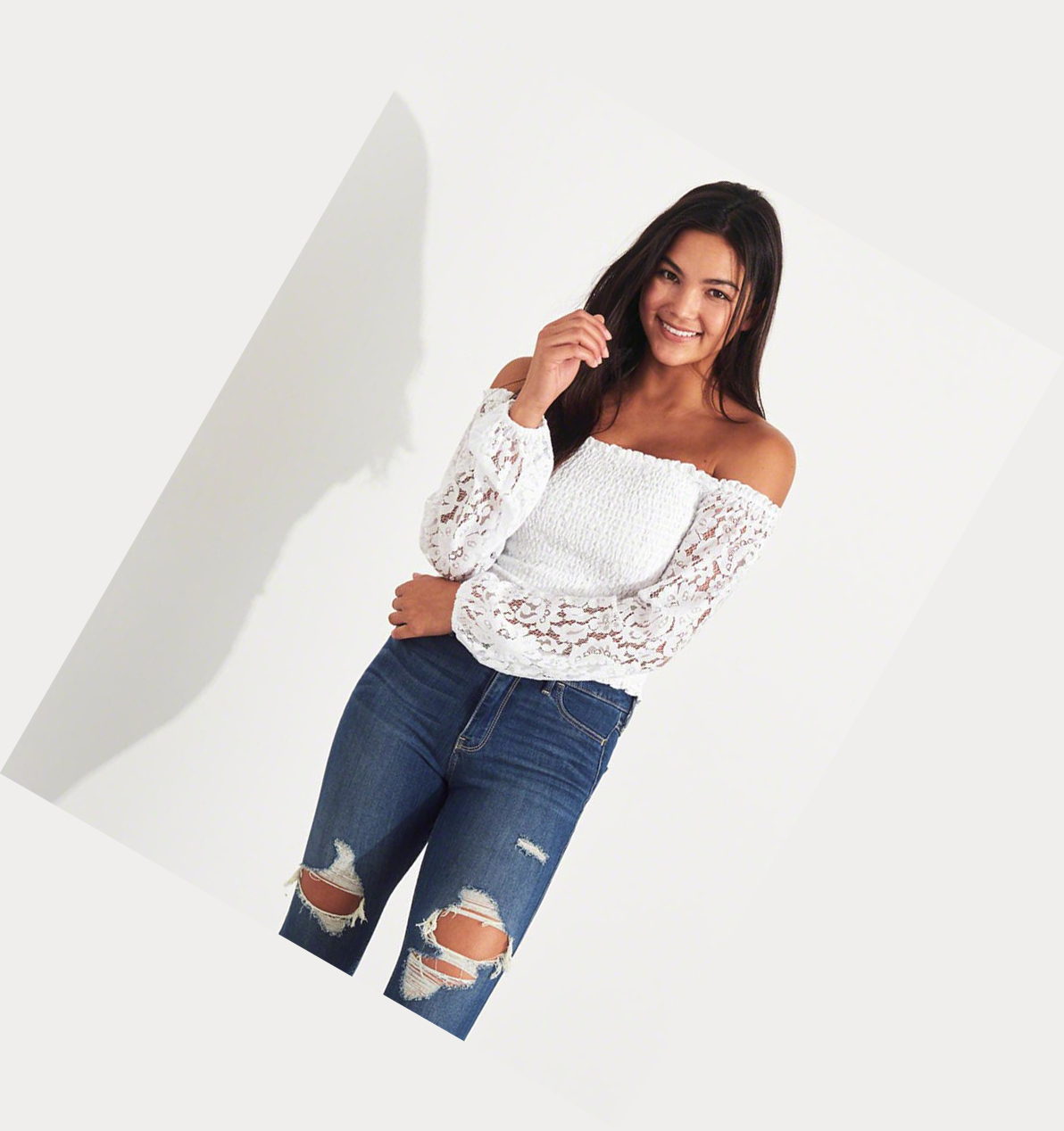 White Hollister Lace Smocked Off-The-Shoulder Women's Long Sleeve | ZA-PUOE567