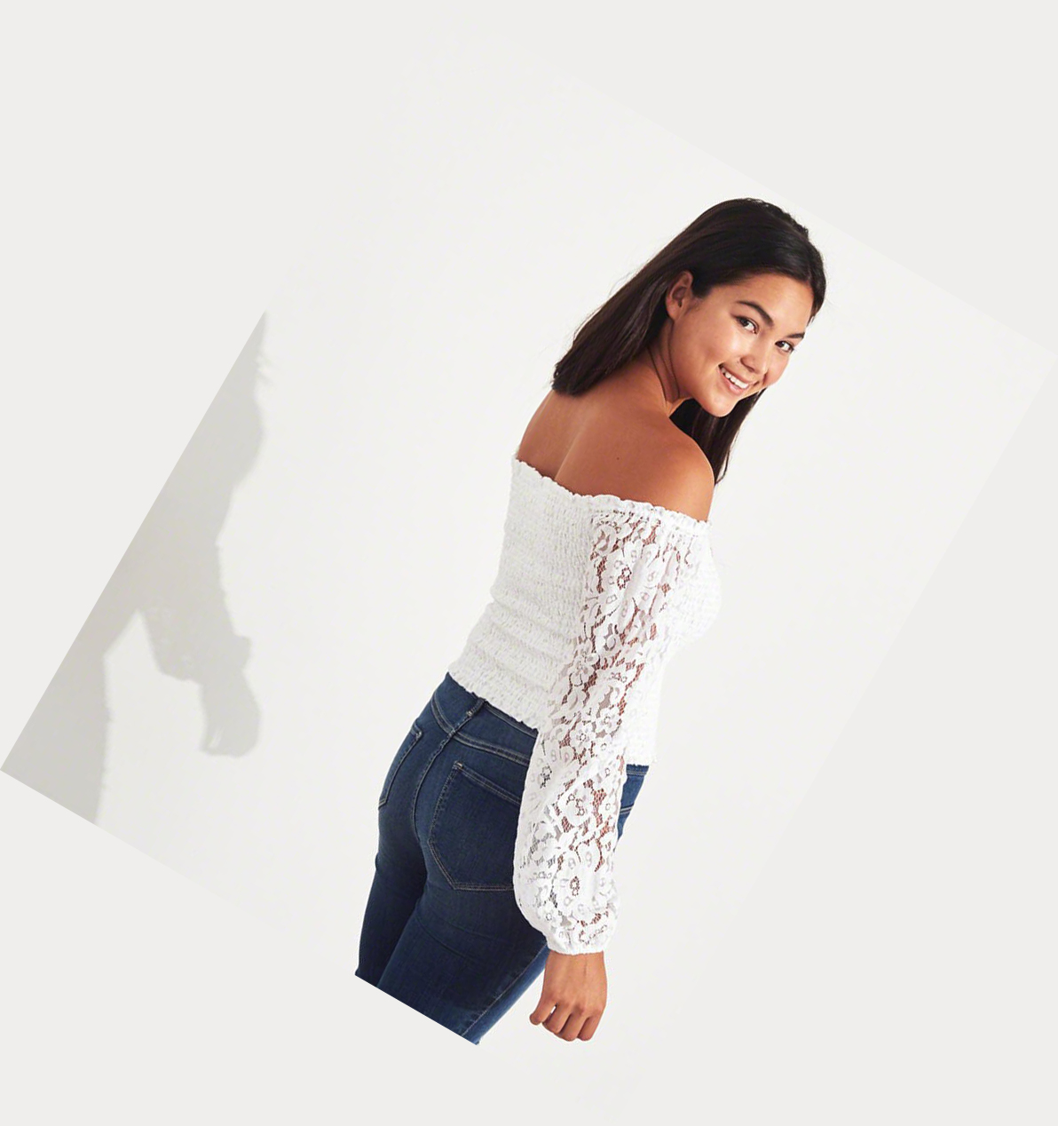 White Hollister Lace Smocked Off-The-Shoulder Women's Long Sleeve | ZA-PUOE567