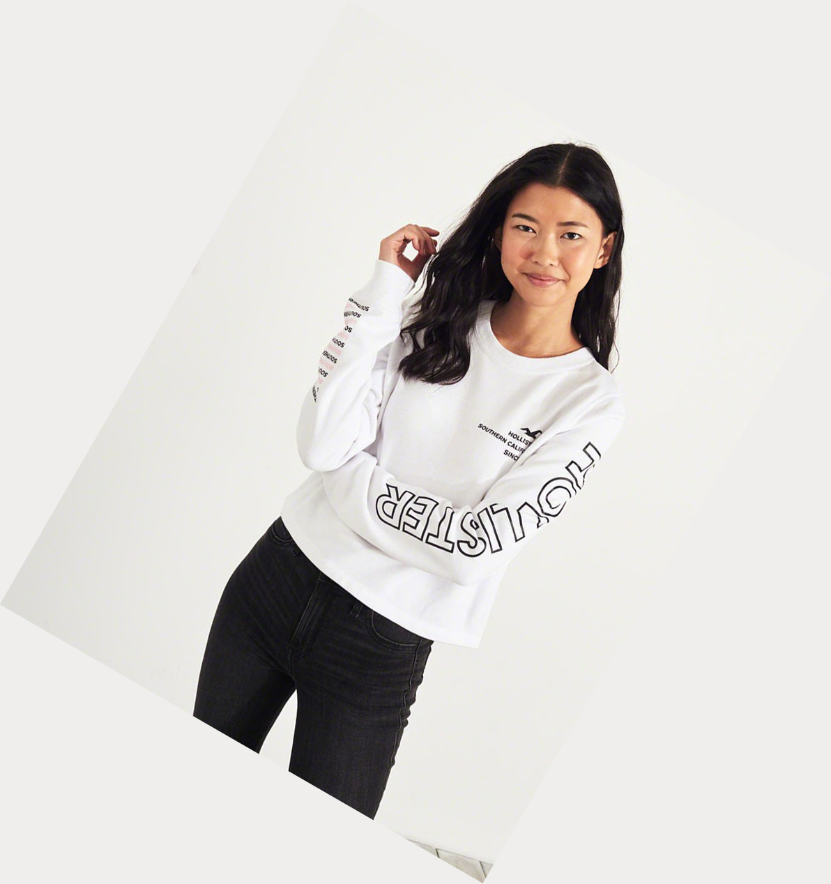 White Hollister Logo Crop Crewneck Women's Sweatshirts | ZA-PGNF896