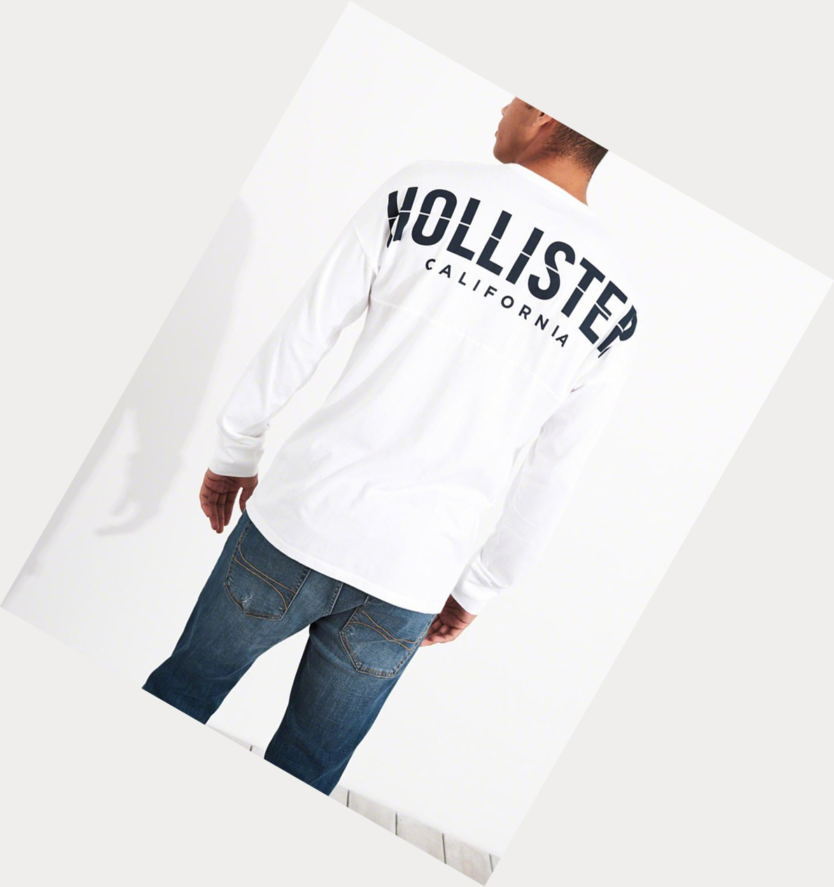 White Hollister Logo Men's Long Sleeve | ZA-UFNQ594