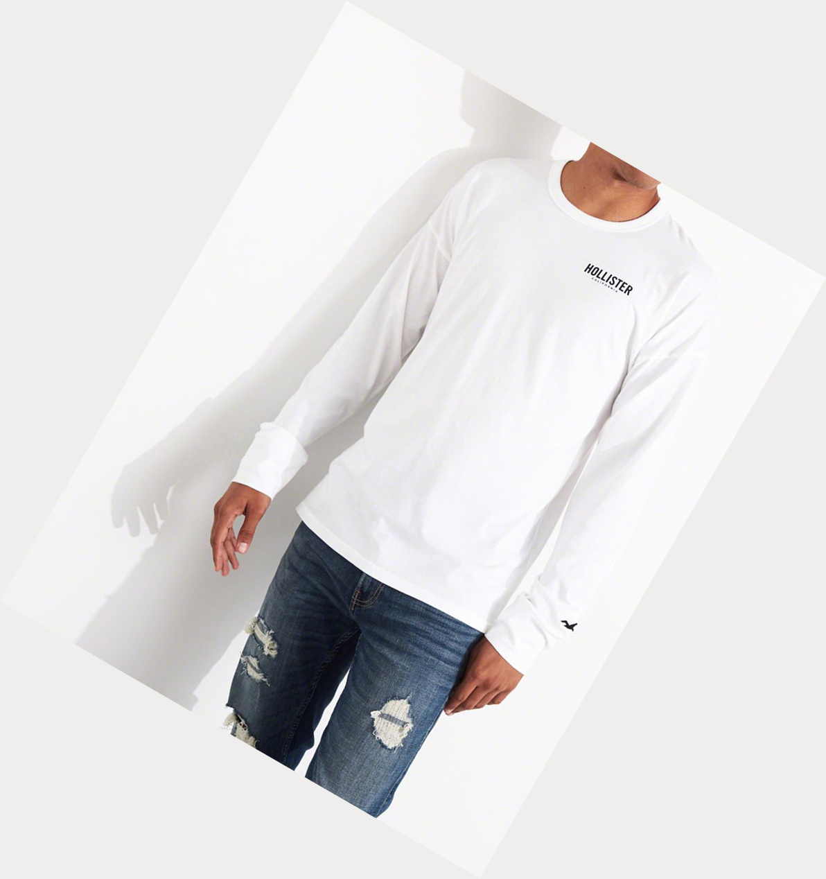 White Hollister Logo Men's Long Sleeve | ZA-UFNQ594