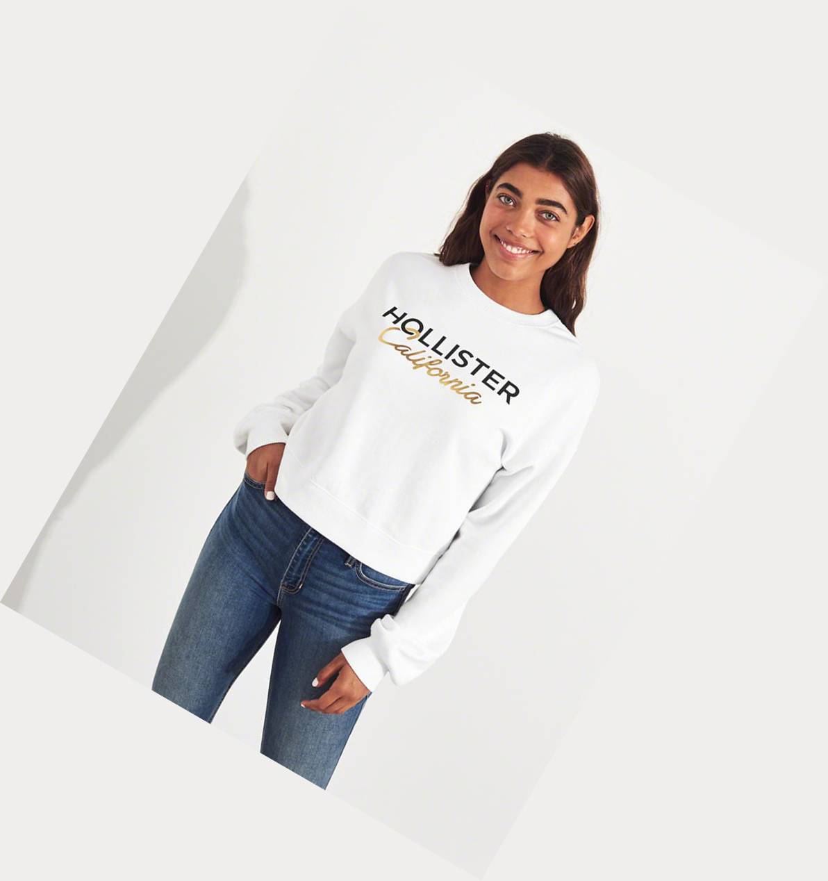 White Hollister Metallic Logo Crewneck Women's Sweatshirts | ZA-PBKQ051