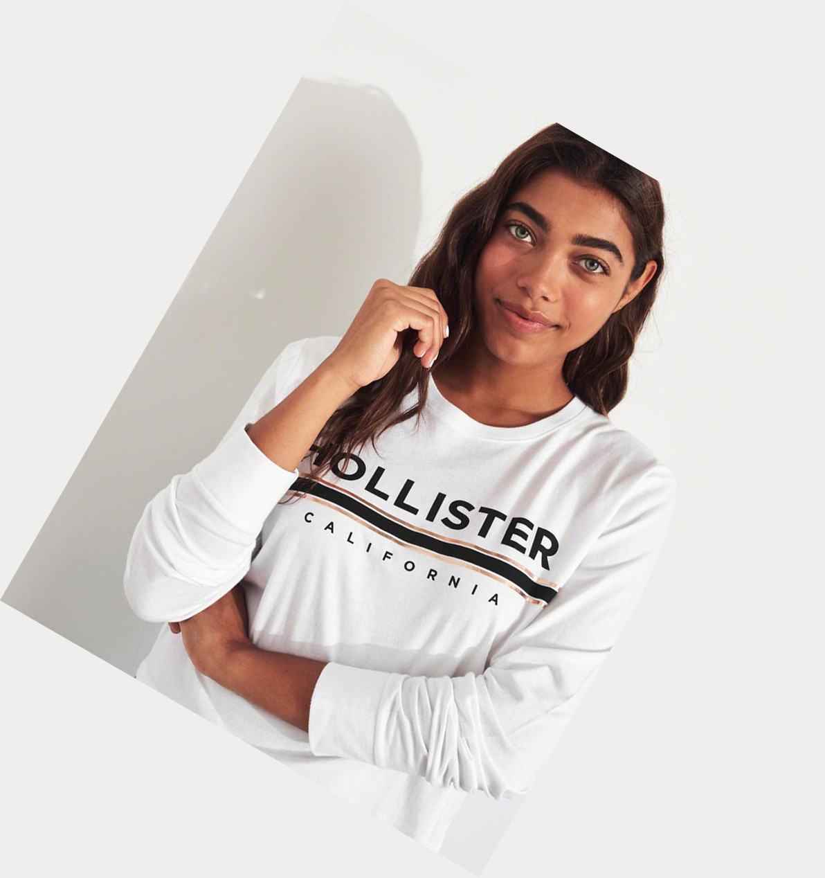 White Hollister Metallic Print Boyfriend Women's Long Sleeve | ZA-HMFZ597