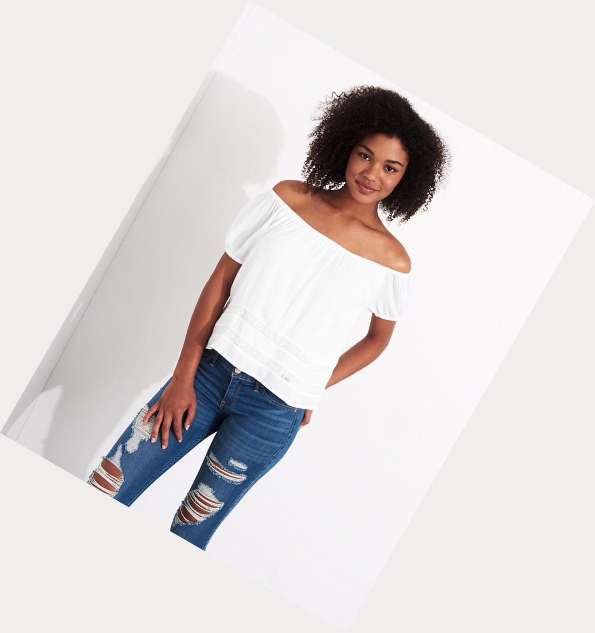 White Hollister Off-The-Shoulder Rayon Women's Short Sleeve | ZA-IOVQ829