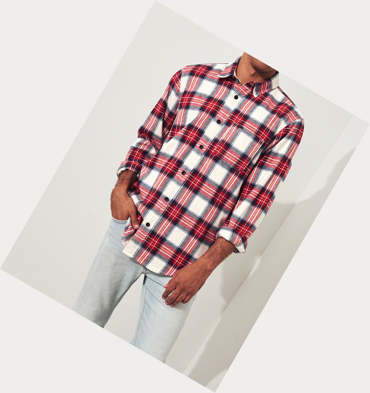 White Hollister Plaid Flannel Men's Long Sleeve | ZA-SUZO831