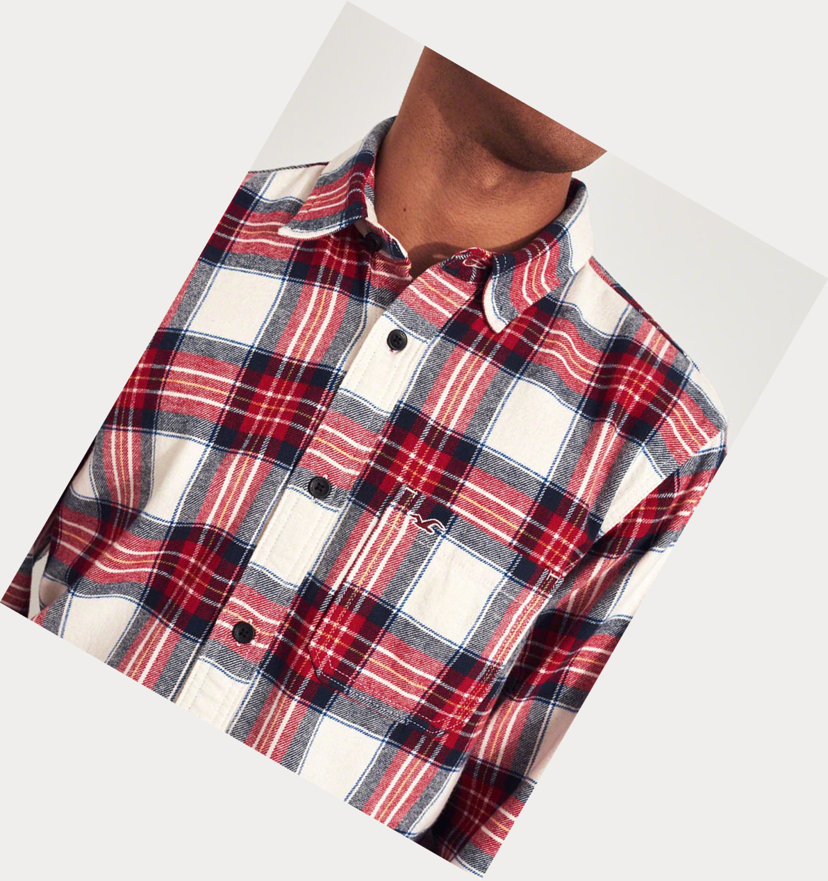 White Hollister Plaid Flannel Men's Long Sleeve | ZA-SUZO831