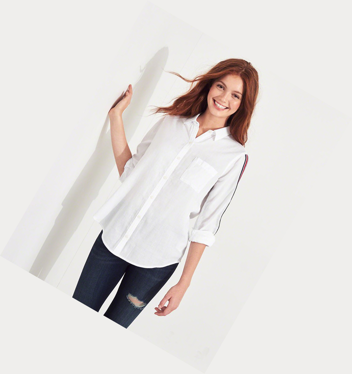 White Hollister Sleeve-Stripe Women's Long Sleeve | ZA-YQOJ514