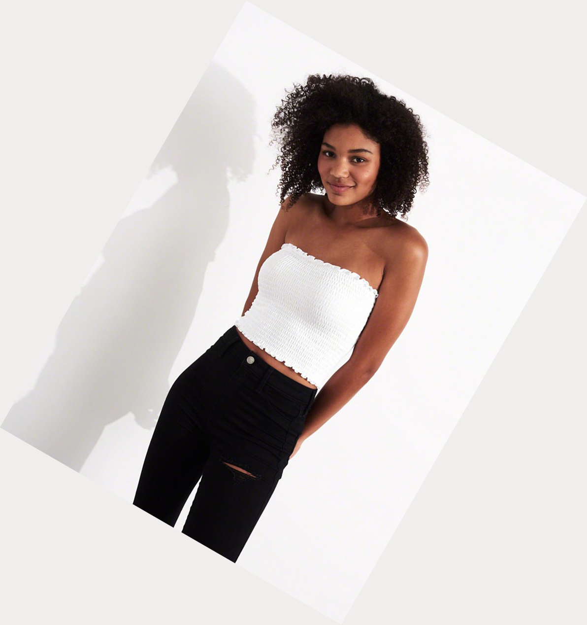 White Hollister Smocked Crop Tube Women's Tanks | ZA-KHEY160