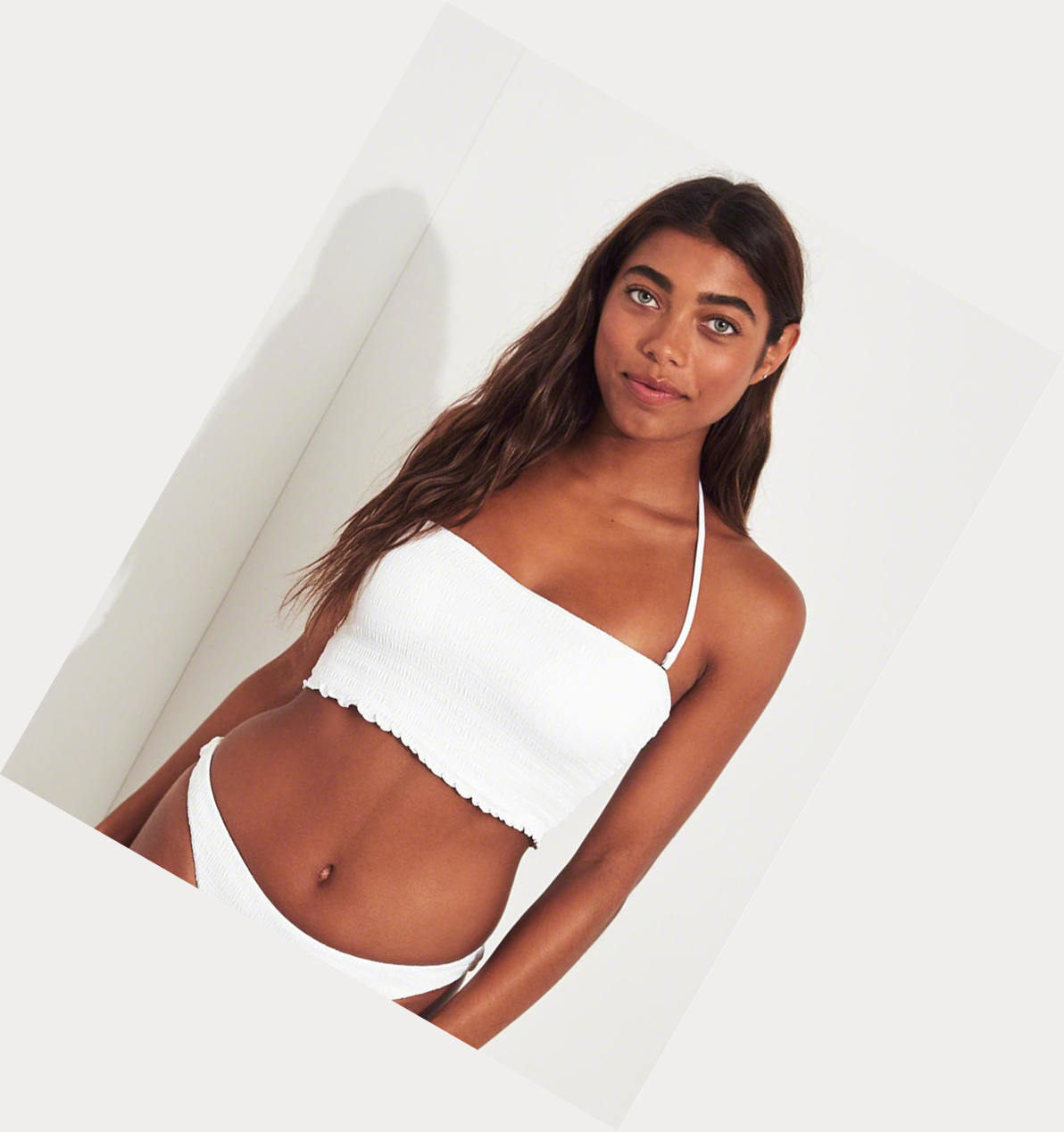 White Hollister Smocked Longline Bandeau Women's Bikini Tops | ZA-MDBF410