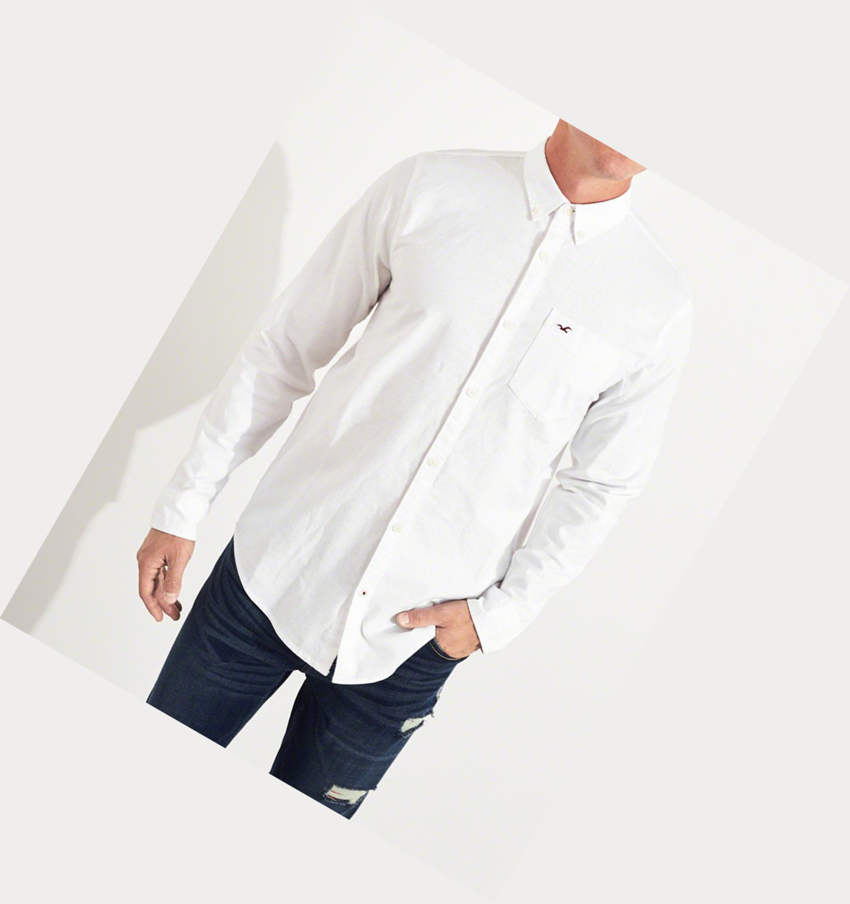 White Hollister Stretch Oxford Men's Long Sleeve | ZA-IUSM371