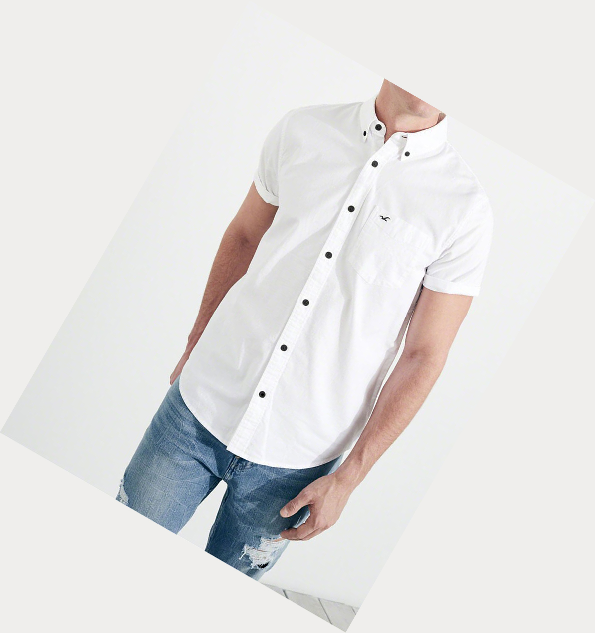 White Hollister Stretch Oxford Men's Short Sleeve | ZA-MLZY208