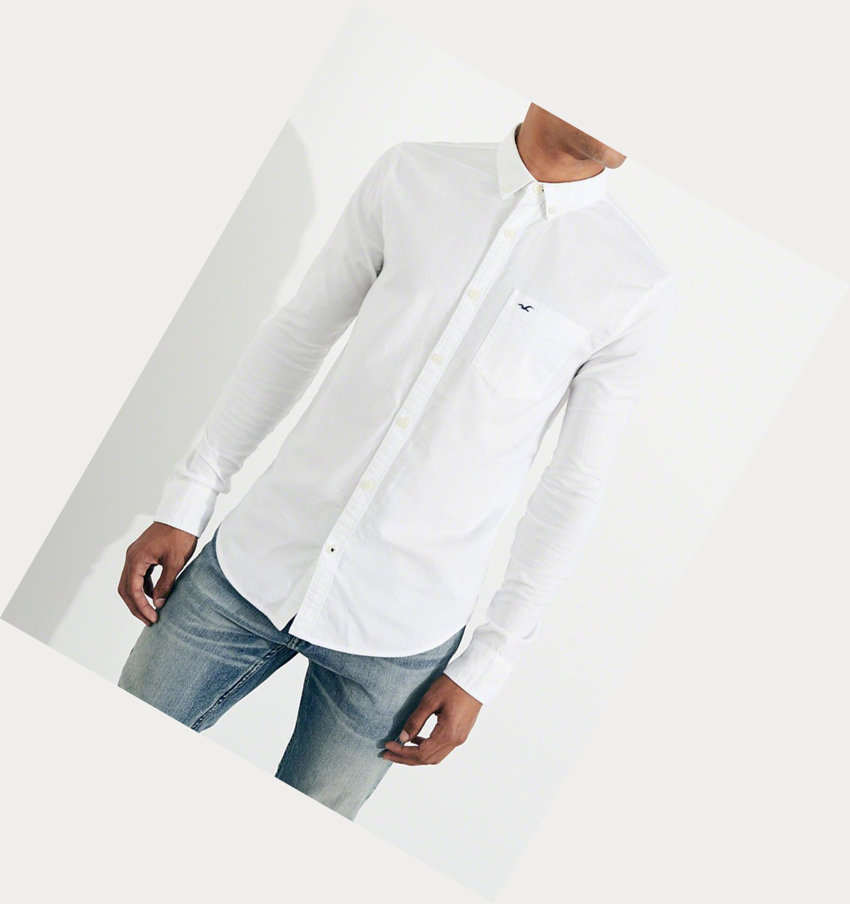 White Hollister Stretch Oxford Muscle Fit Men's Long Sleeve | ZA-RXMB579