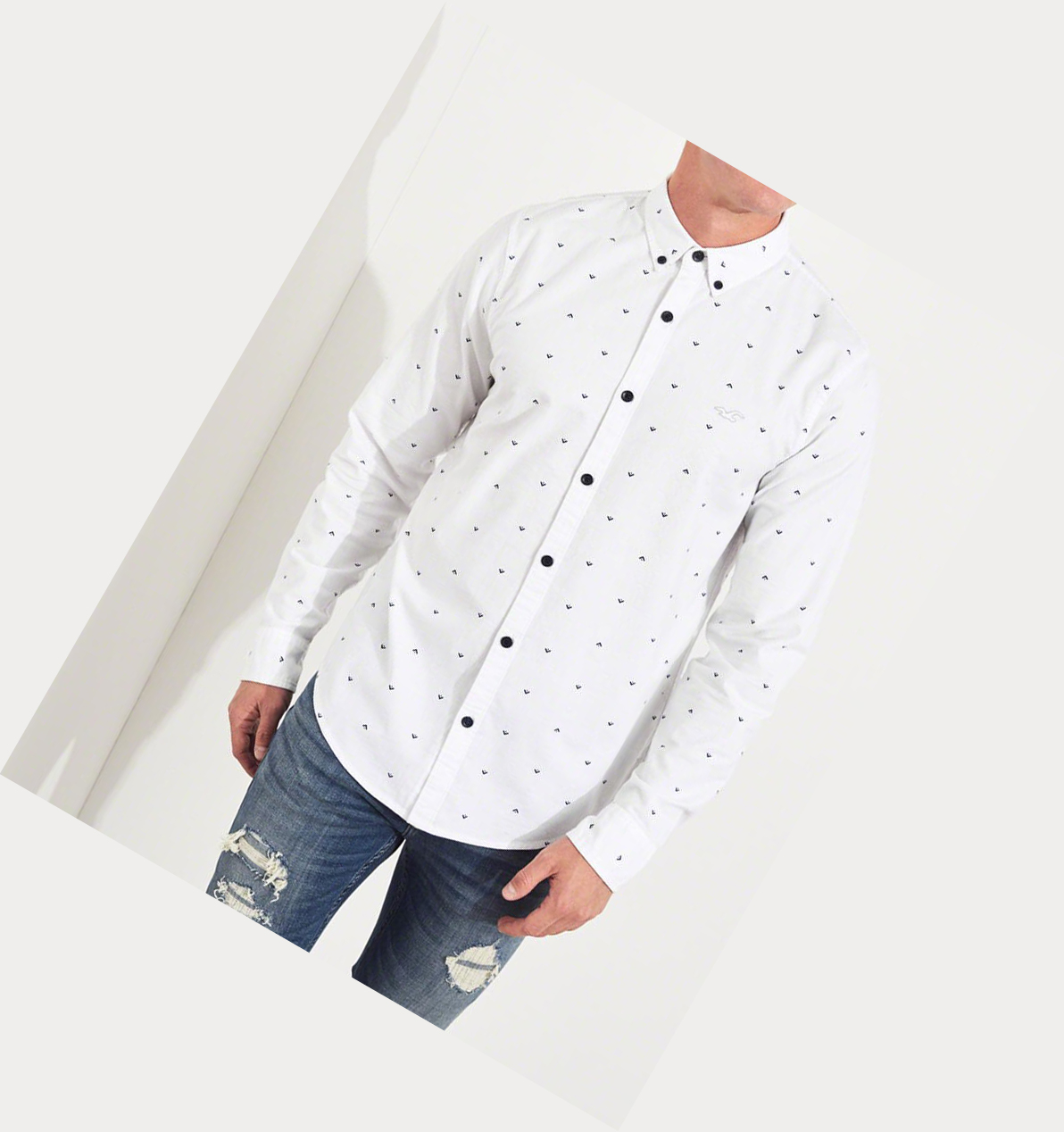 White Hollister Stretch Patterned Oxford Men's Long Sleeve | ZA-FTVJ841