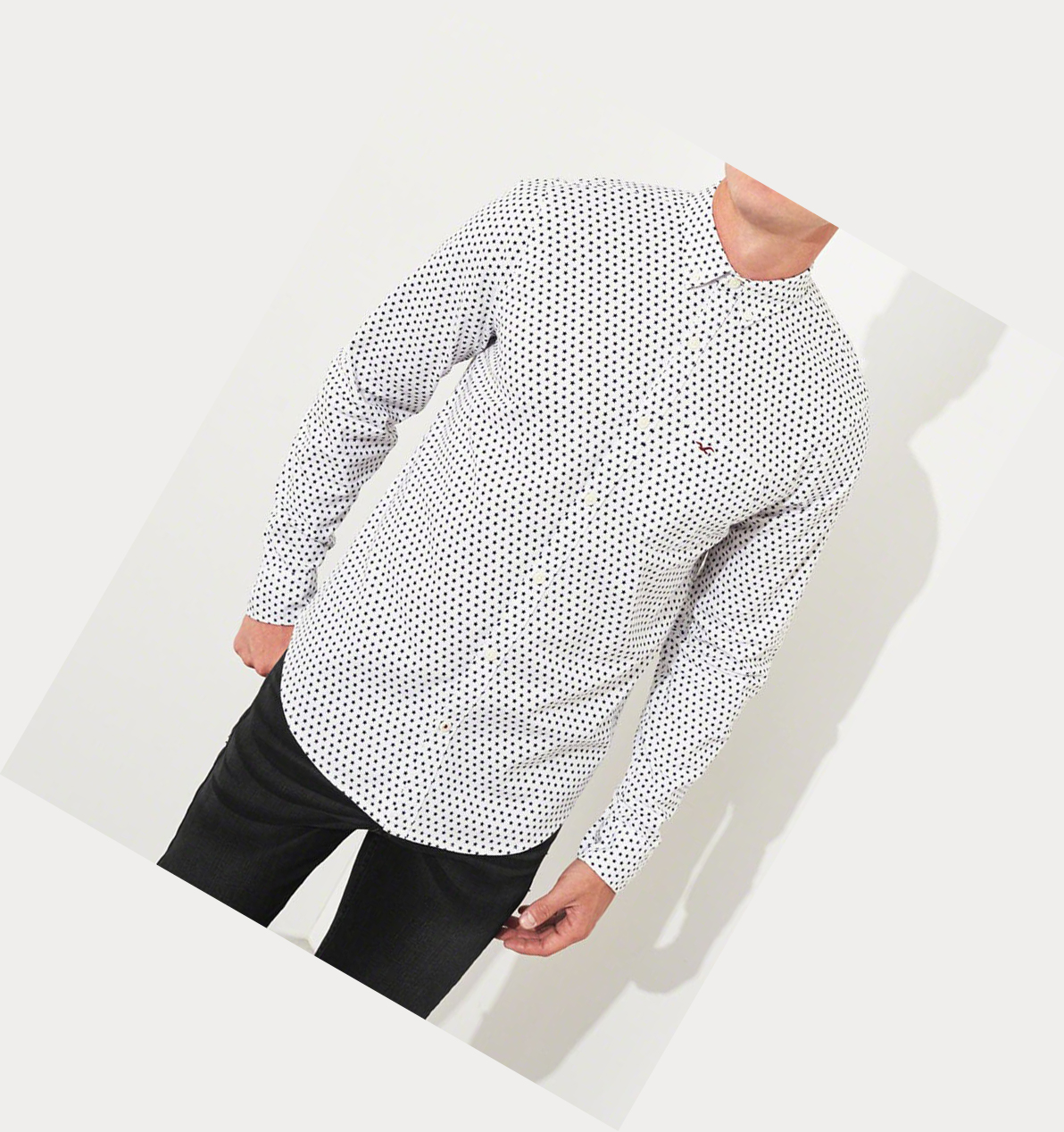 White Hollister Stretch Patterned Oxford Men's Long Sleeve | ZA-JIOT782