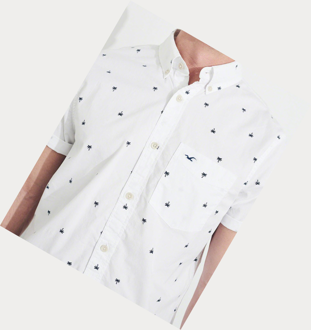 White Hollister Stretch Patterned Poplin Men's Short Sleeve | ZA-ACVD480