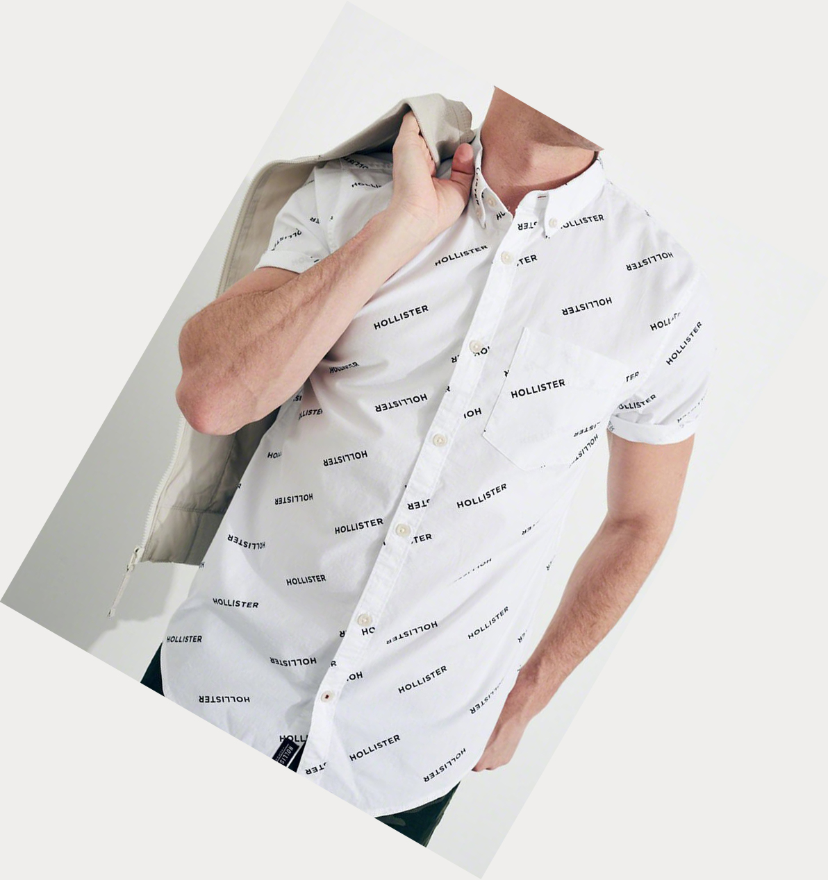 White Hollister Stretch Patterned Poplin Men's Short Sleeve | ZA-FKRW702