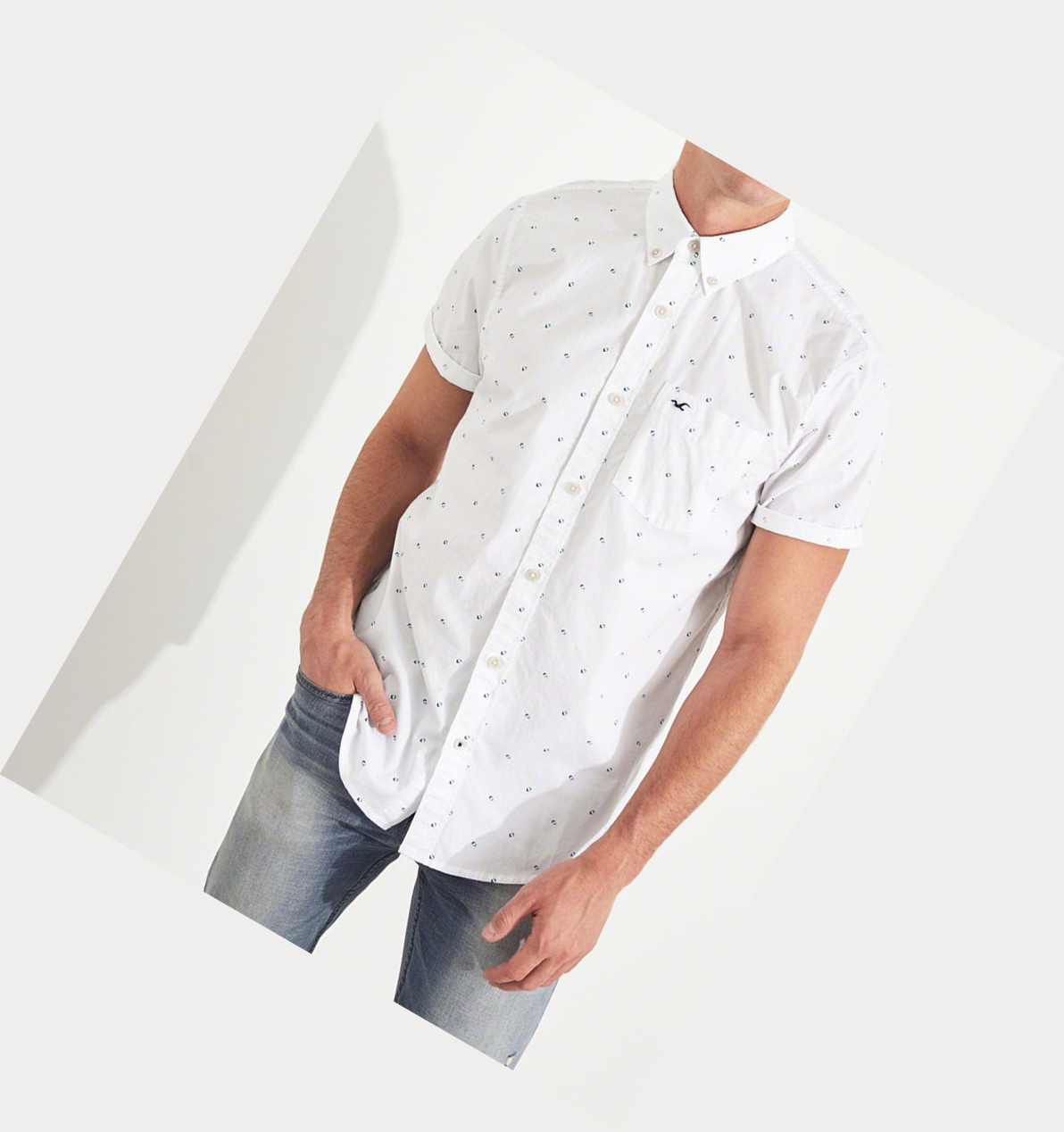 White Hollister Stretch Patterned Poplin Men's Short Sleeve | ZA-PAEU721