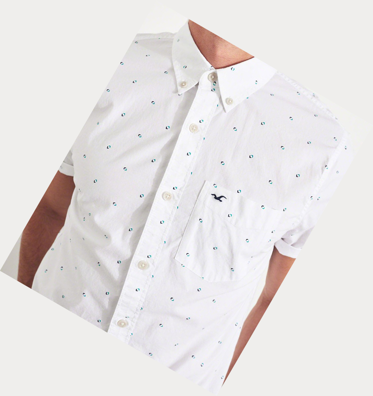 White Hollister Stretch Patterned Poplin Men's Short Sleeve | ZA-PAEU721