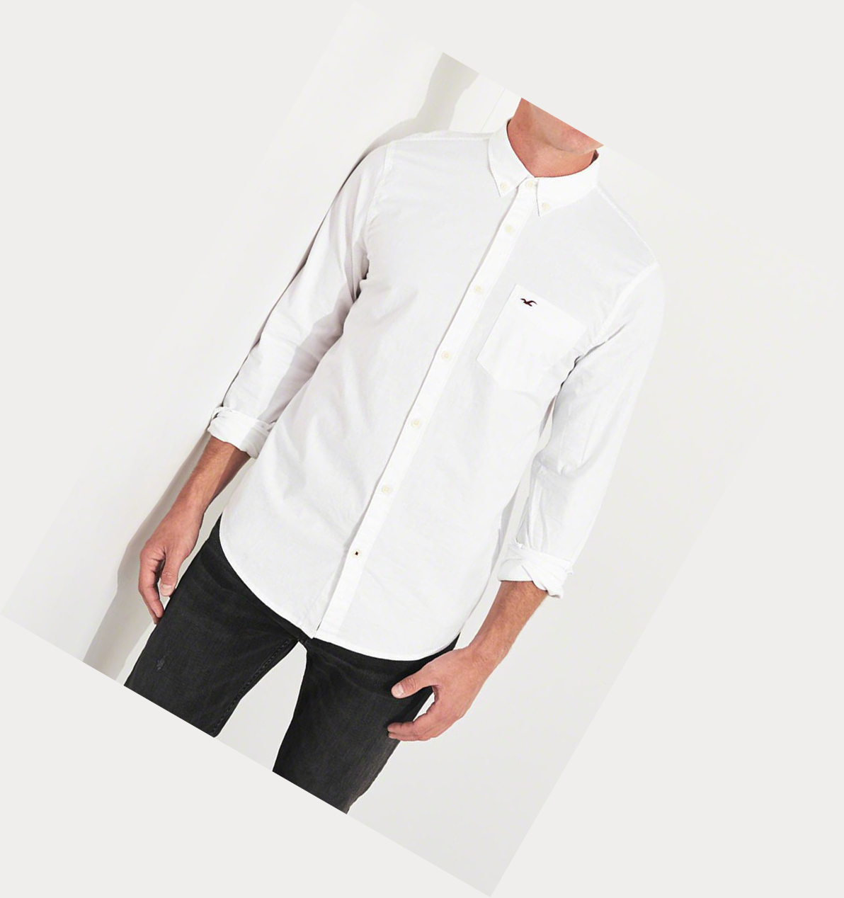 White Hollister Stretch Poplin Men's Long Sleeve | ZA-BCVX631