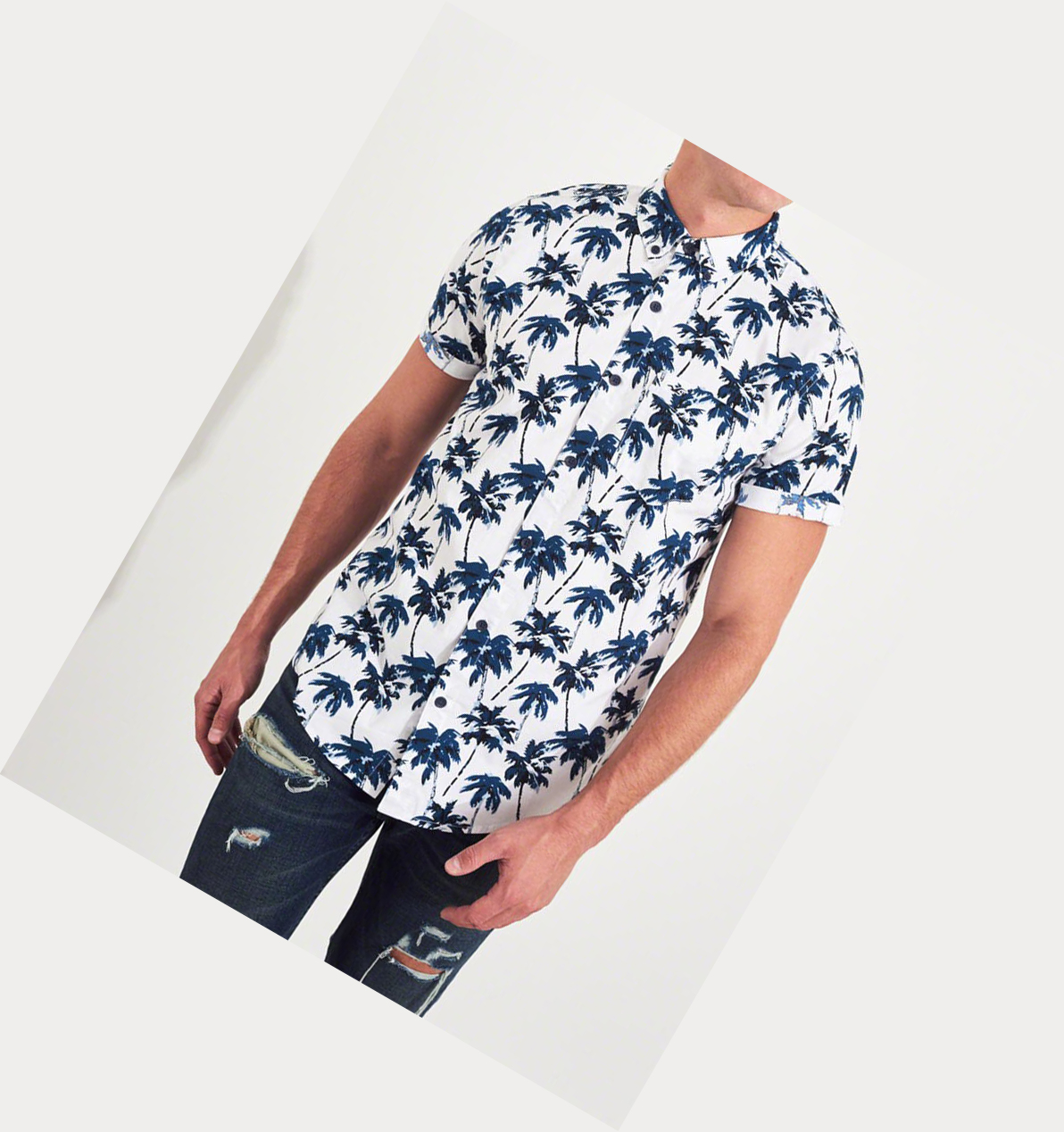 White Hollister Stretch Poplin Men's Short Sleeve | ZA-NOUE528