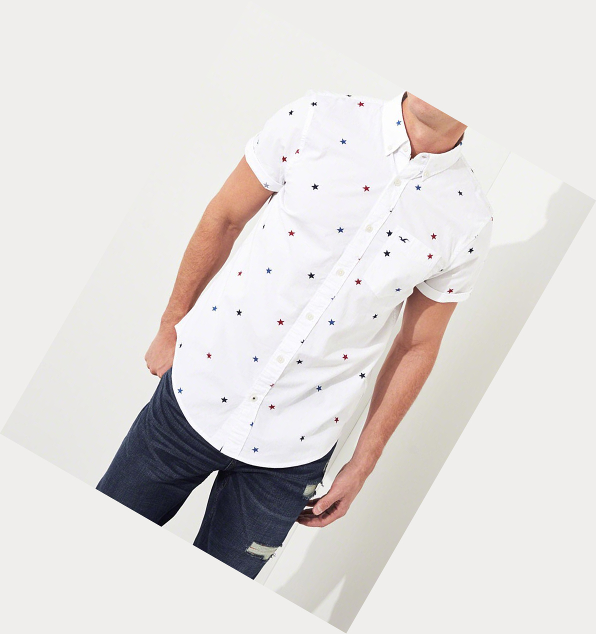 White Hollister Stretch Poplin Men's Short Sleeve | ZA-XELW481