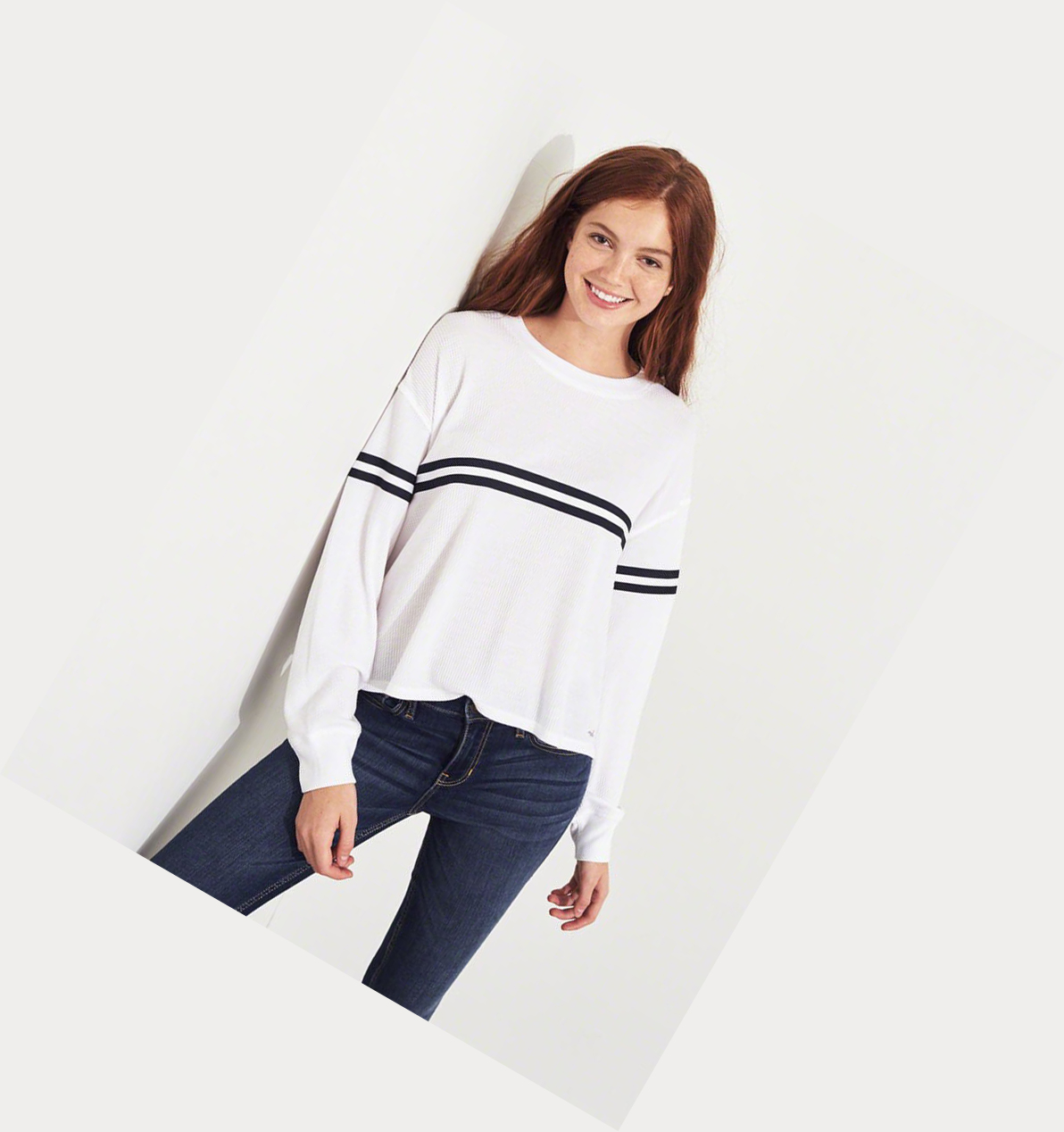 White Hollister Stripe Waffle Boyfriend Women's Long Sleeve | ZA-NEXQ582