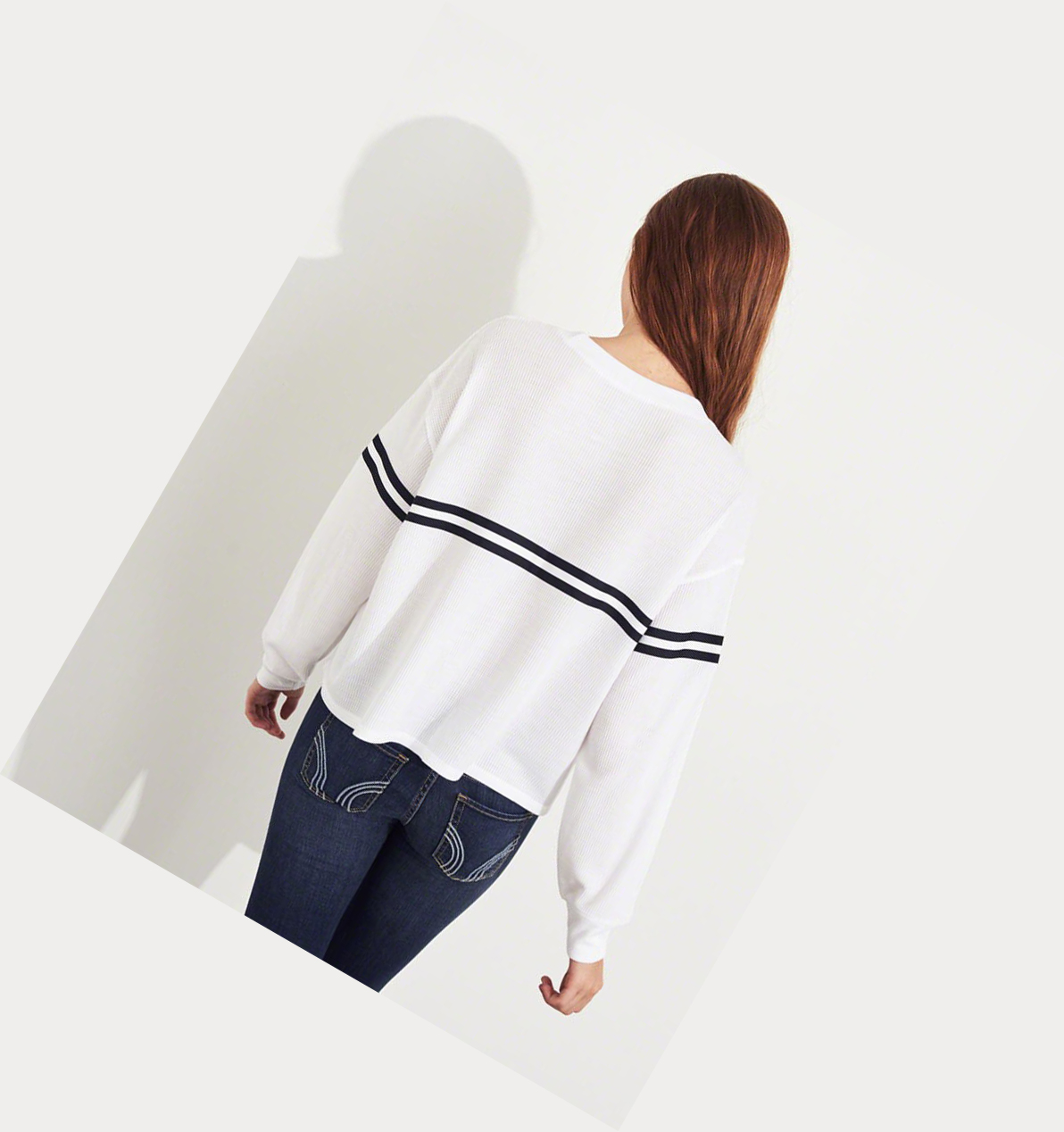 White Hollister Stripe Waffle Boyfriend Women's Long Sleeve | ZA-NEXQ582