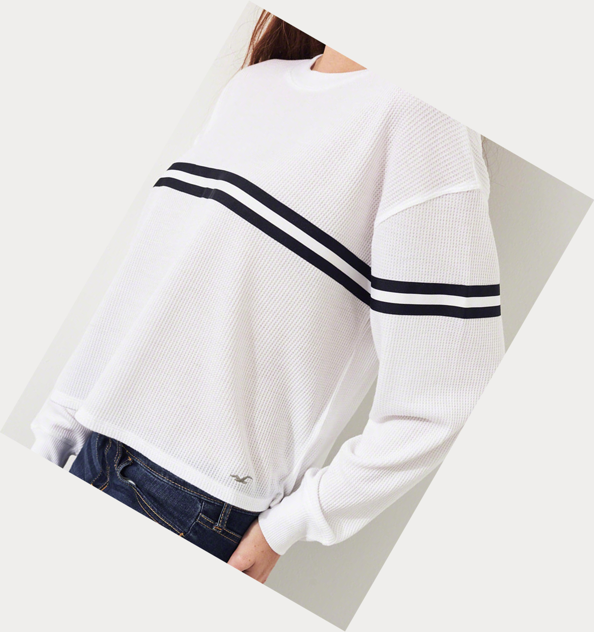 White Hollister Stripe Waffle Boyfriend Women's Long Sleeve | ZA-NEXQ582