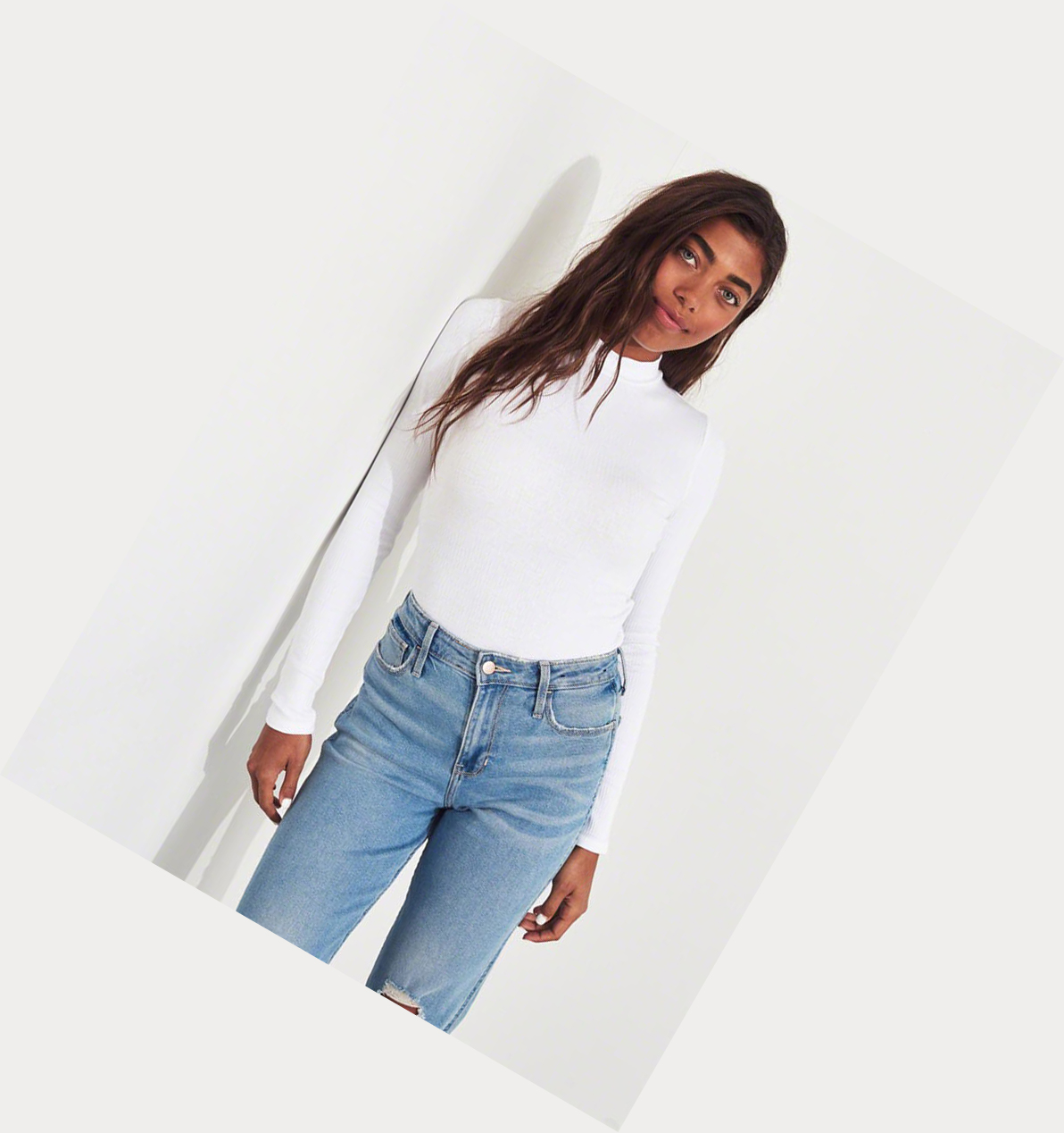 White Hollister Turtleneck Crop Women's Long Sleeve | ZA-QLRF451