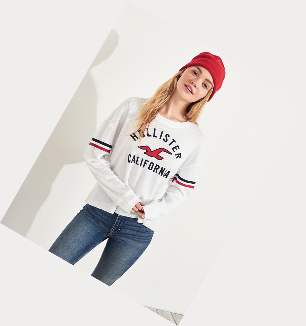 White Hollister Waffle Boyfriend Women's Long Sleeve | ZA-NTYS728