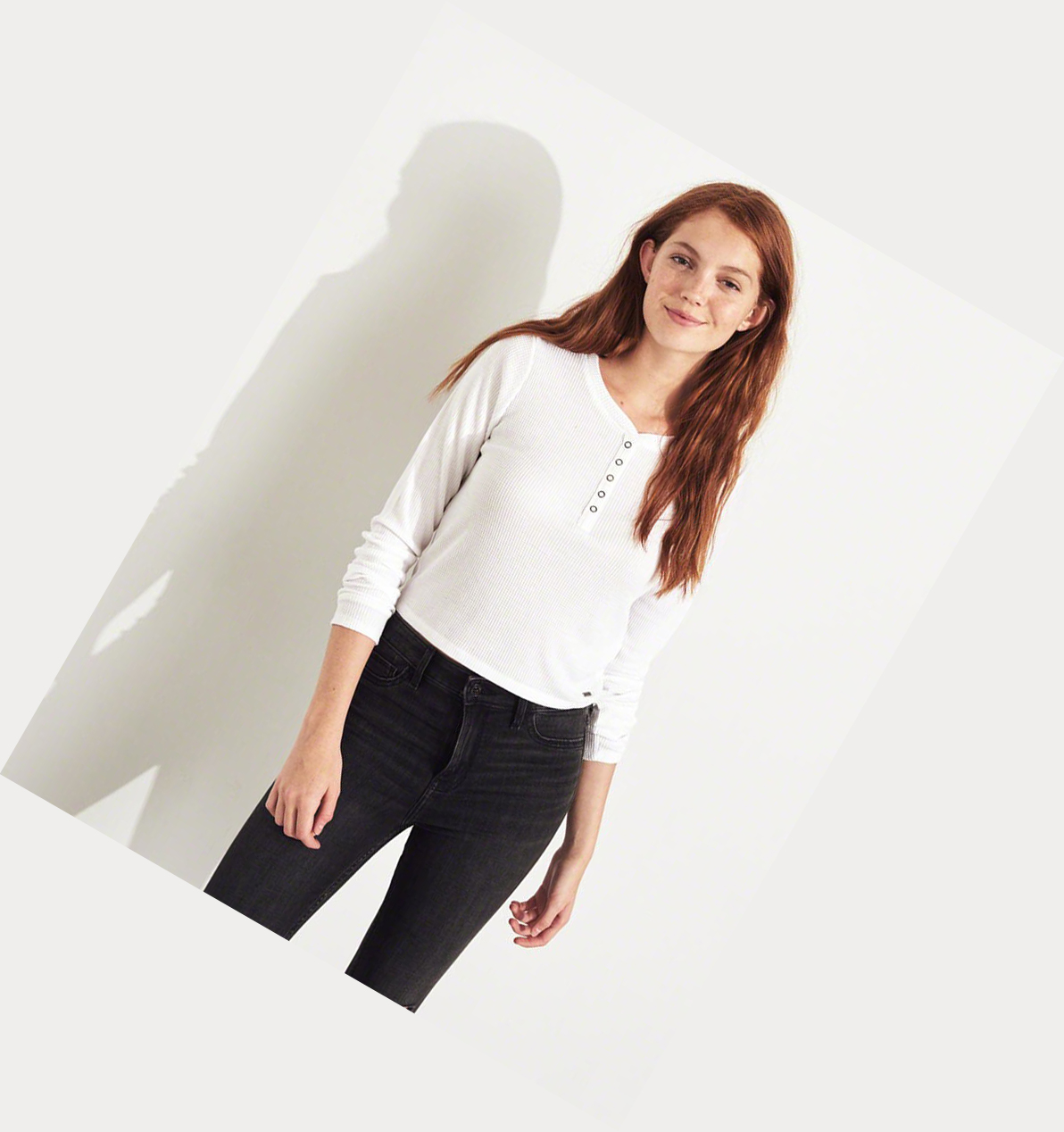 White Hollister Waffle Crop Henley Women's Long Sleeve | ZA-NVQU145