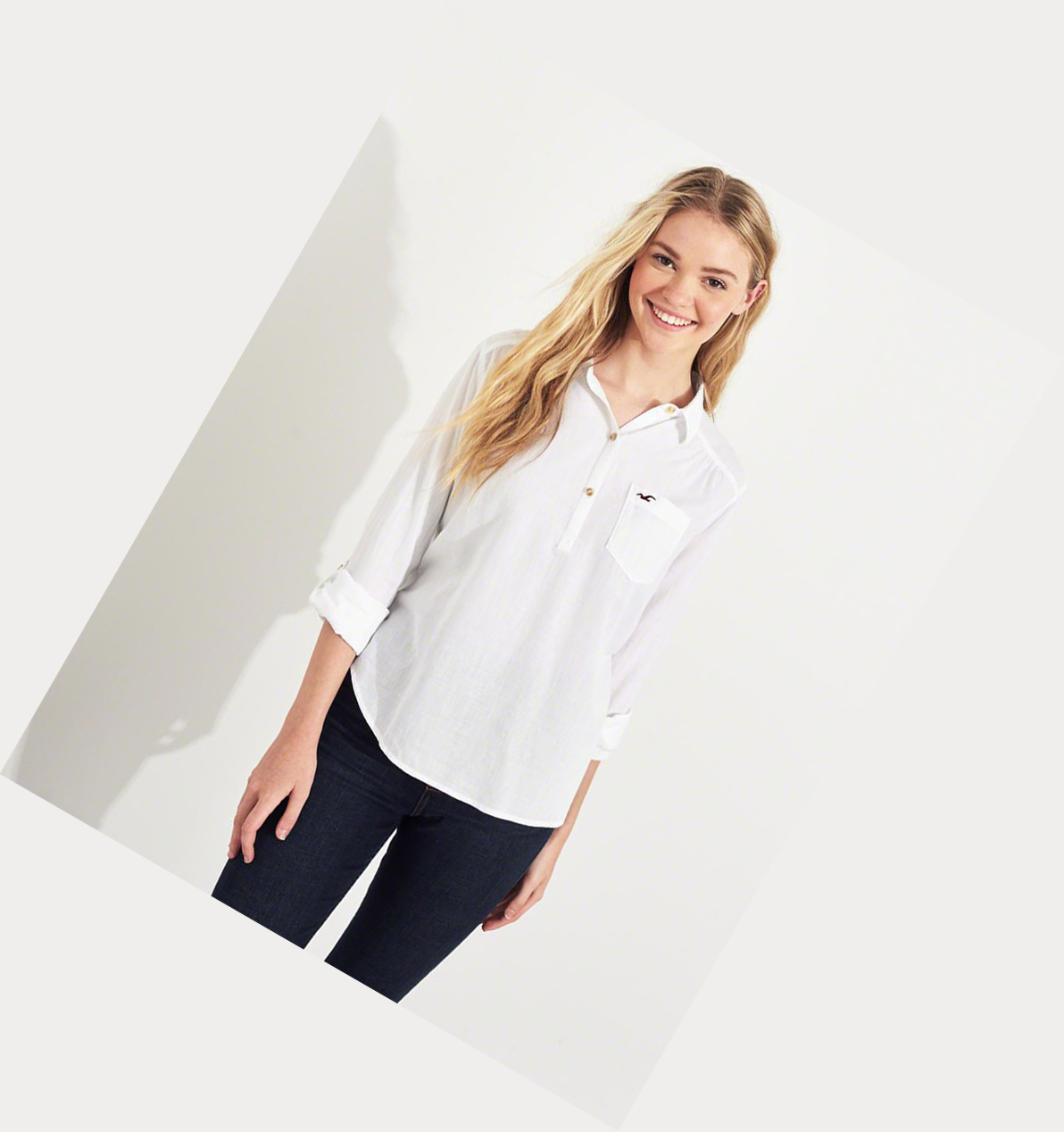 White Hollister Woven Popover Women's Long Sleeve | ZA-WEUL713