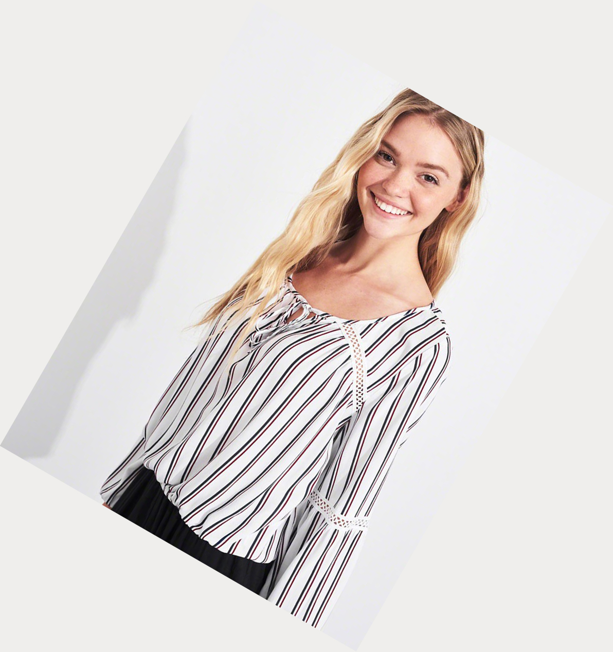 White Stripes Hollister Balloon-Sleeve Peasant Women's Long Sleeve | ZA-BIVY789