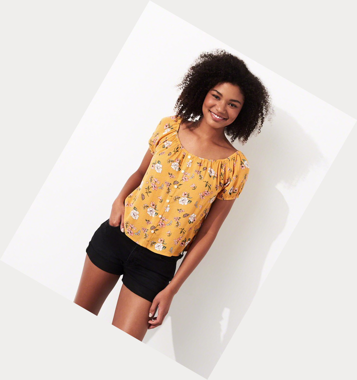 Yellow Hollister Off-The-Shoulder Rayon Women's Short Sleeve | ZA-QHVN769