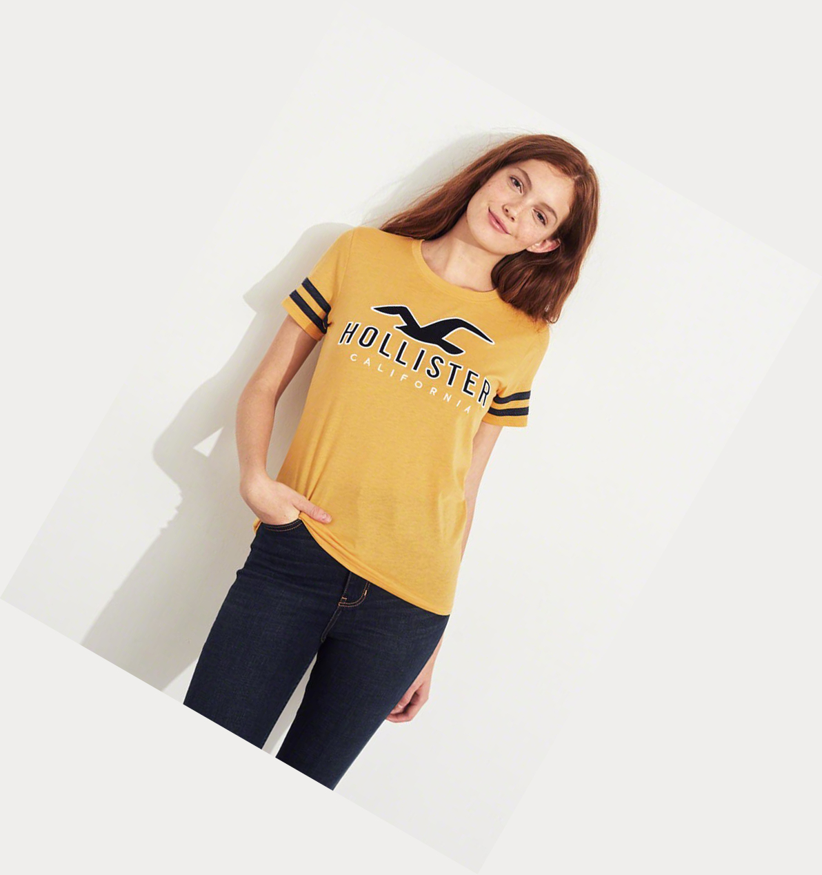 Yellow Hollister Sleeve-Stripe Logo Women's Short Sleeve | ZA-PFVM274