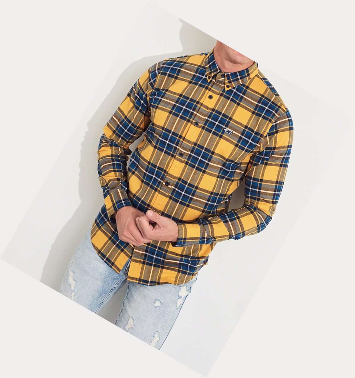 Yellow Hollister Stretch Plaid Poplin Men's Long Sleeve | ZA-QCYO073