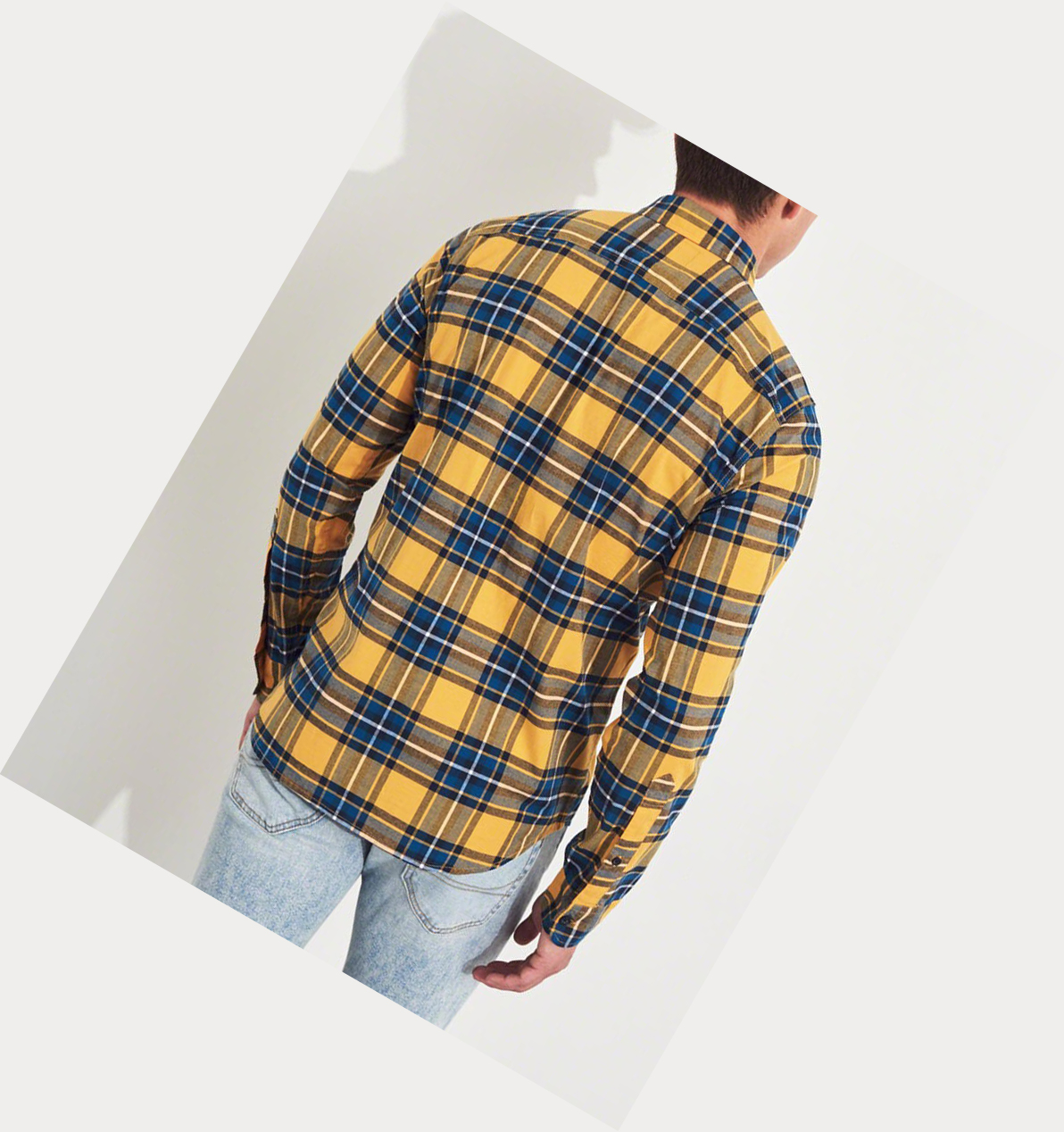 Yellow Hollister Stretch Plaid Poplin Men's Long Sleeve | ZA-QCYO073